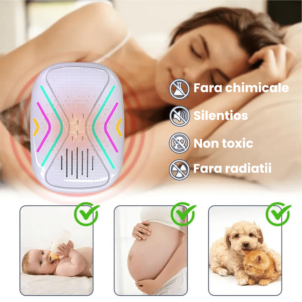 Aparat Repelent Ultrasunete si Electromagnetic HASEPE, Anti Rozatoare, Gandaci si Tantari, Protectie 360°, Nivele Reglabile, Fara Chimicale, Sigur pentru Copii si Animale, Alb - HASEPE