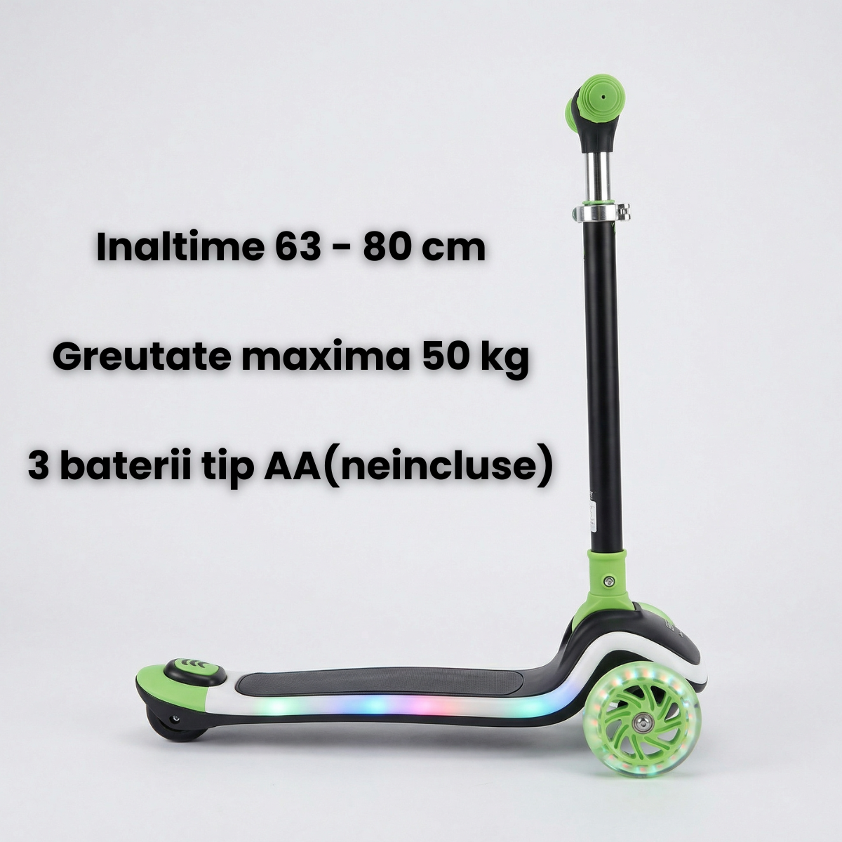 Trotineta Copii HASEPE Cu 3 Roti, Trotineta Cu Led In Roti, Inaltime 80 Cm, Ghidon Stabil, Design Pentru Echilibru, Trotineta Pentru Copii Usor De Folosit, Culoare Verde, Trotineta Copii Pentru Joaca