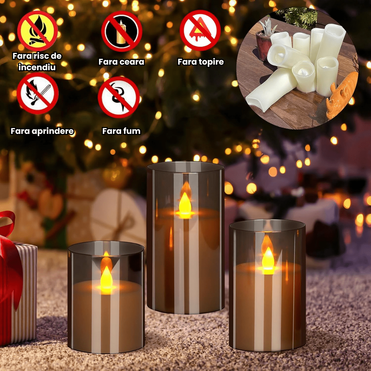 Set 3 Lumanari Led HASEPE Decorative Din Sticla Fumurie, Lumanari Decorative Cu Telecomanda Si Timer, Lumanare Electrica Cu Lumina Calda, Lumanari Led Pentru Decor Casa Evenimente Sarbatori - HASEPE