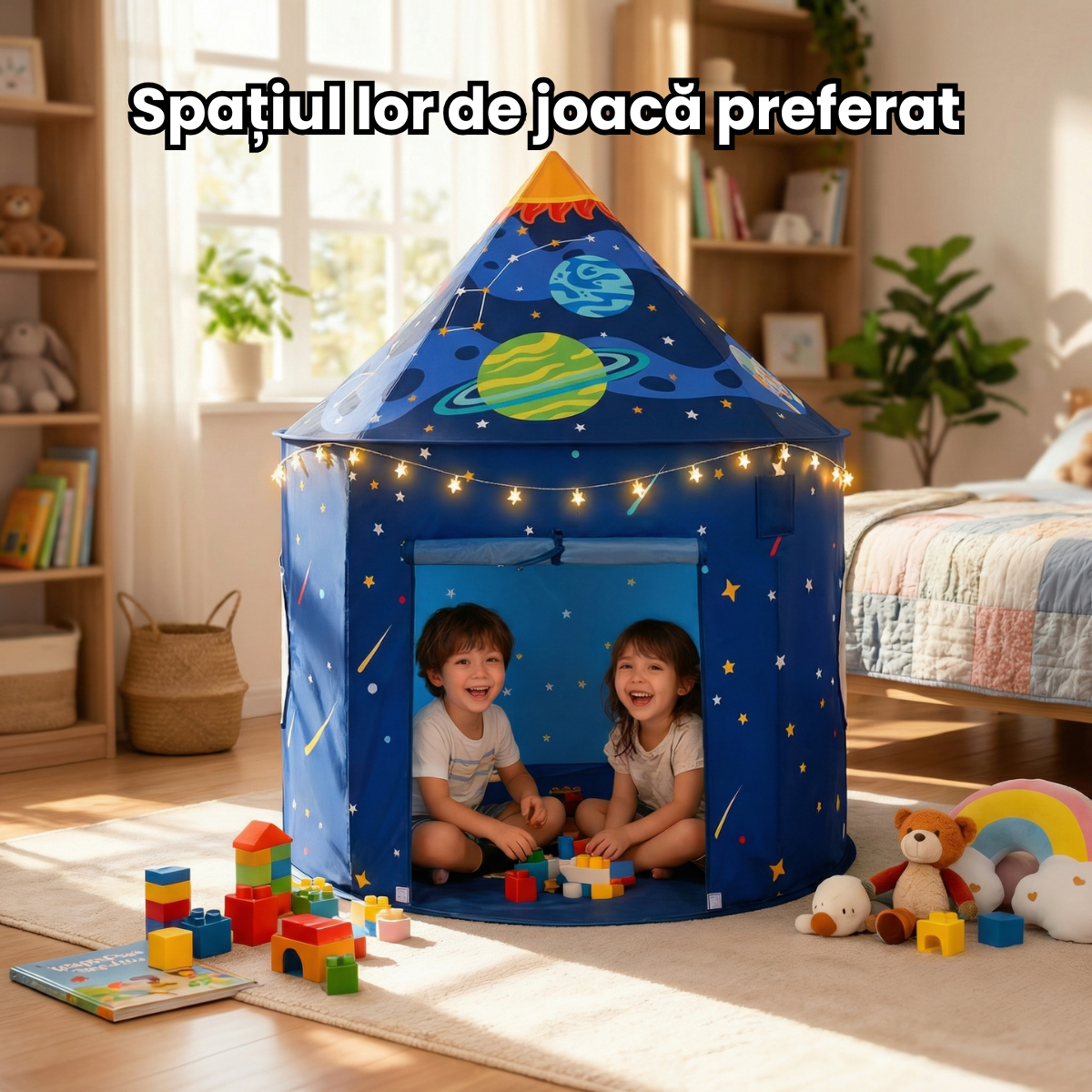 Cort Joaca HASEPE Pliabil Model Racheta Spatiala, Cort Joaca Pentru Copii 100x135cm, Casuta Copii Interior, Cort Joaca Baieti 4-6 Ani, Design Albastru, Casuta Copii Tip Joc De Rol, Montare Rapida, Gea