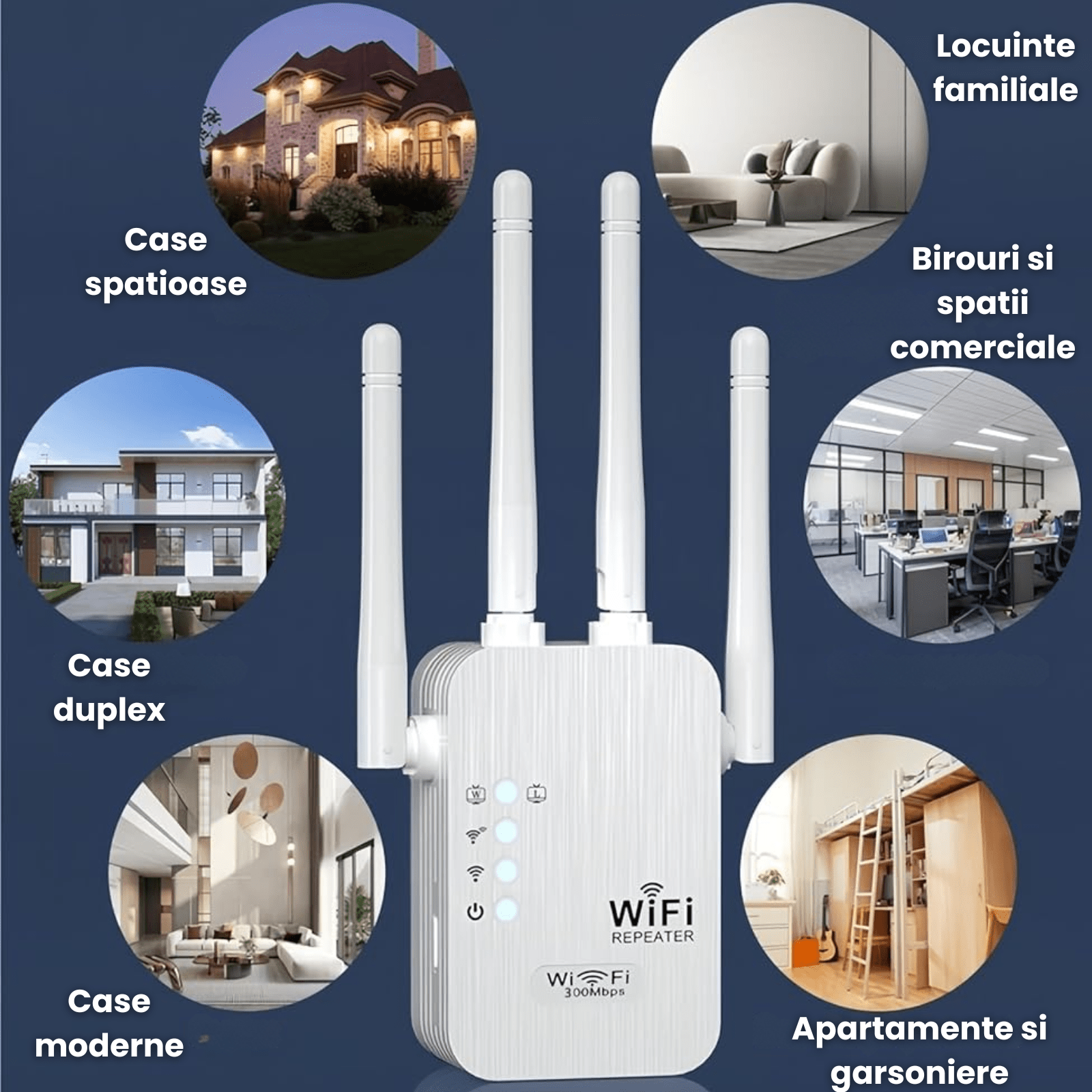 Amplificator Wifi HASEPE 1200Mbps Dual Band 2.4GHz 5GHz, Wifi Repeater Cu 4 Antene Externe Si Port Ethernet, Repetor Wifi Pentru Extindere Semnal Internet In Casa Sau Birou, Amplificator Wifi Wireless - HASEPE