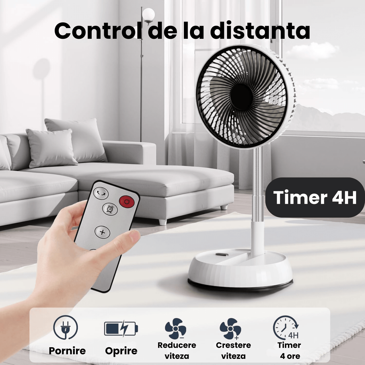 Ventilator portabil telescopic HASEPE, pliabil cu telecomanda, 3 viteze, reglabil pe inaltime 35 - 85 cm, rotire automata 90°, cap inclinabil 180°, USB, diametru 20 cm, alb - HASEPE