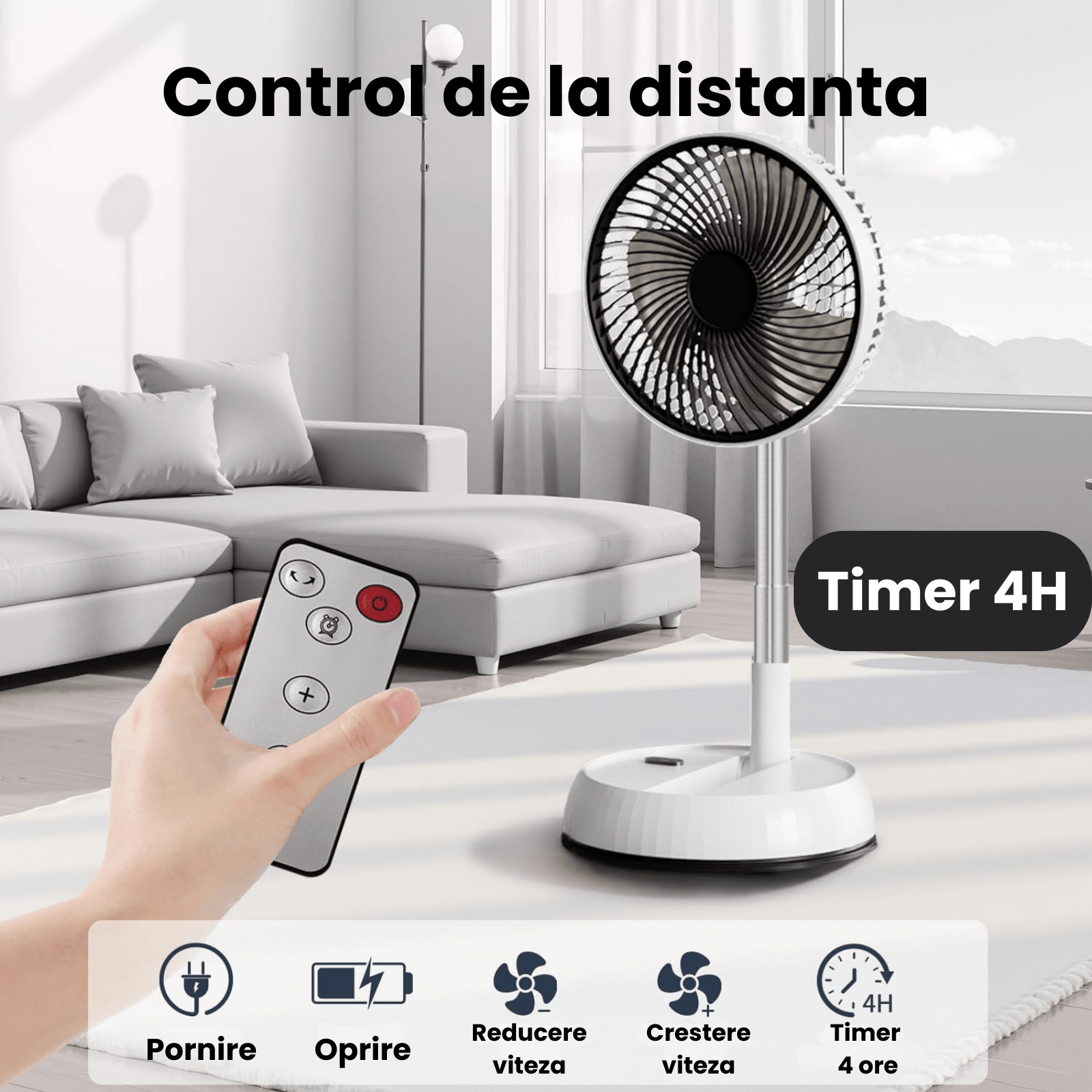 Ventilator portabil telescopic HASEPE, pliabil cu telecomanda, 3 viteze, reglabil pe inaltime 35 - 85 cm, rotire automata 90°, cap inclinabil 180°, USB, diametru 20 cm, alb - HASEPE