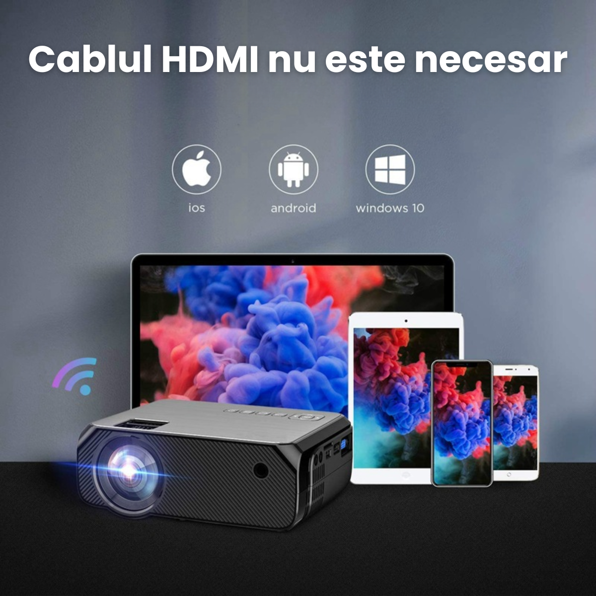 Videoproiector portabil HASEPE, WiFi Mirroring Android/iOS/Windows/MacBook, Rezolutie HD 720P, 3900 LUX, HDMI, USB, SD, VGA, AV, difuzor integrat, ideal pentru acasa si exterior