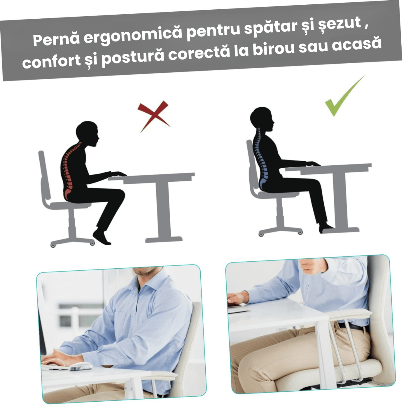 Pernă lombară ortopedică cu spumă memorie HASEPE, suport ergonomic spate, curea reglabila, husă respirabilă, pentru birou, scaun auto și acasă - HASEPE