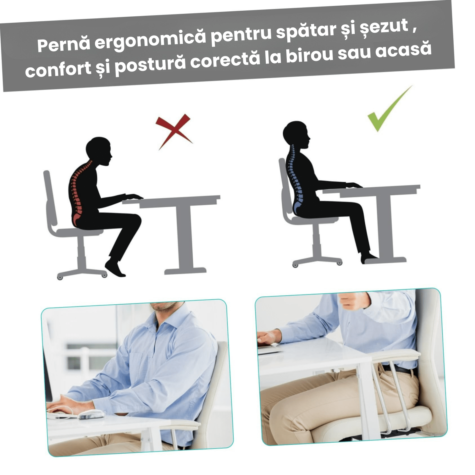 Pernă lombară ortopedică cu spumă memorie HASEPE, suport ergonomic spate, curea reglabila, husă respirabilă, pentru birou, scaun auto și acasă - HASEPE