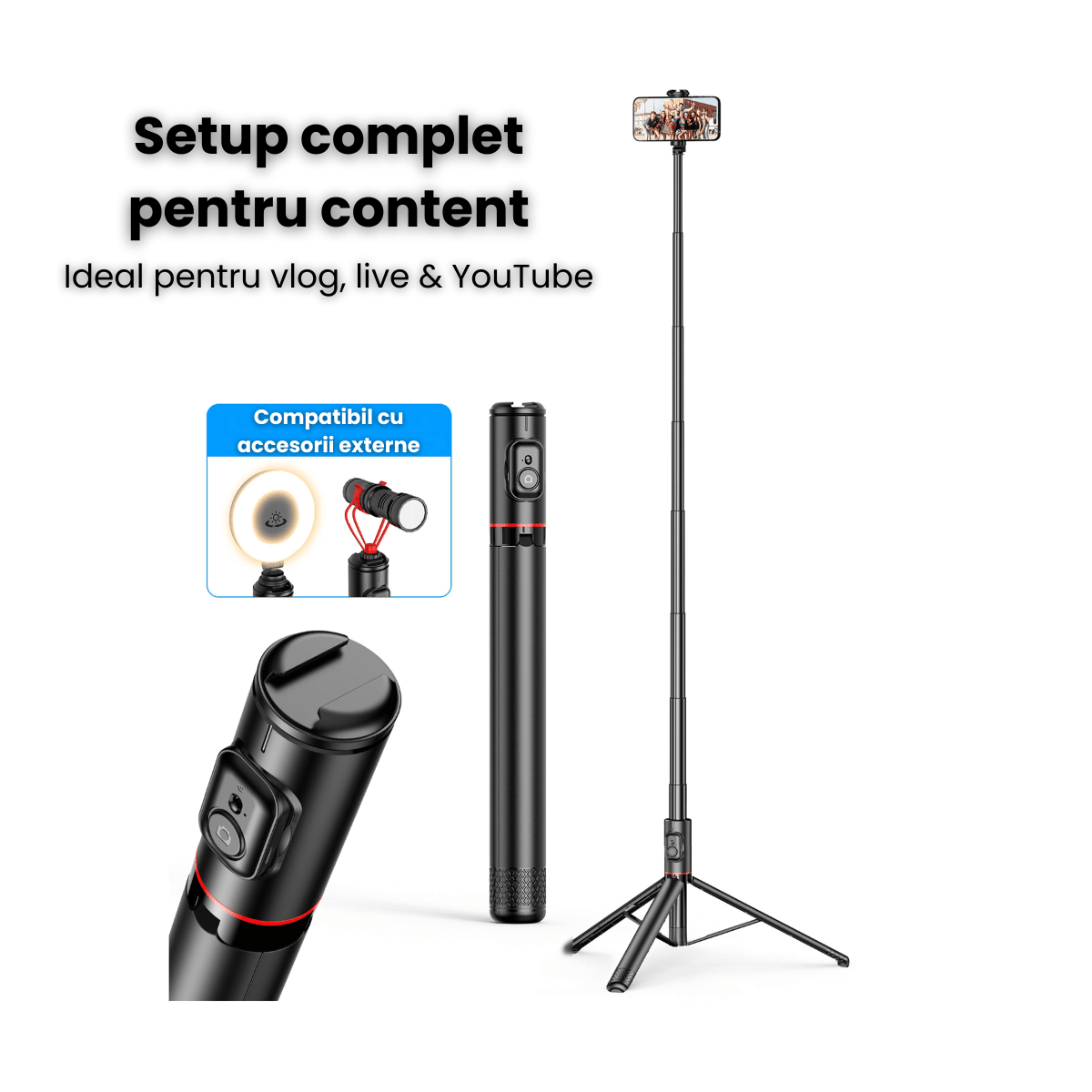 Trepied Foto HASEPE Telescopic Profesional 180cm Cu Telecomanda Bluetooth, Stativ Telefon Extensibil Din Aluminiu Si ABS, Trepied Foto Stabil, Stativ Telefon Reglabil Pentru Selfie Video Live, Negru - HASEPE