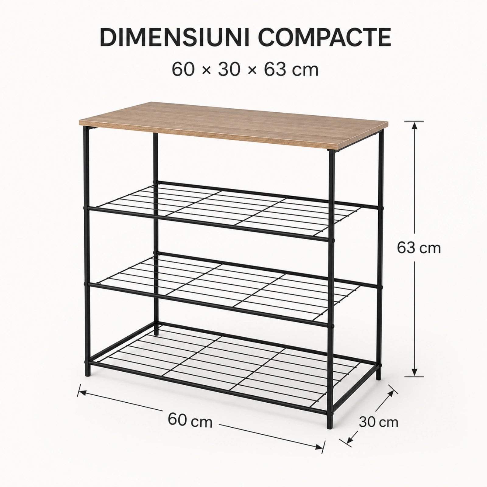 Pantofar HASEPE® Metalic cu Raft din Lemn, 3 Rafturi pentru Incaltaminte, 60x30x63 cm, Pantofar pentru Hol si Intrare