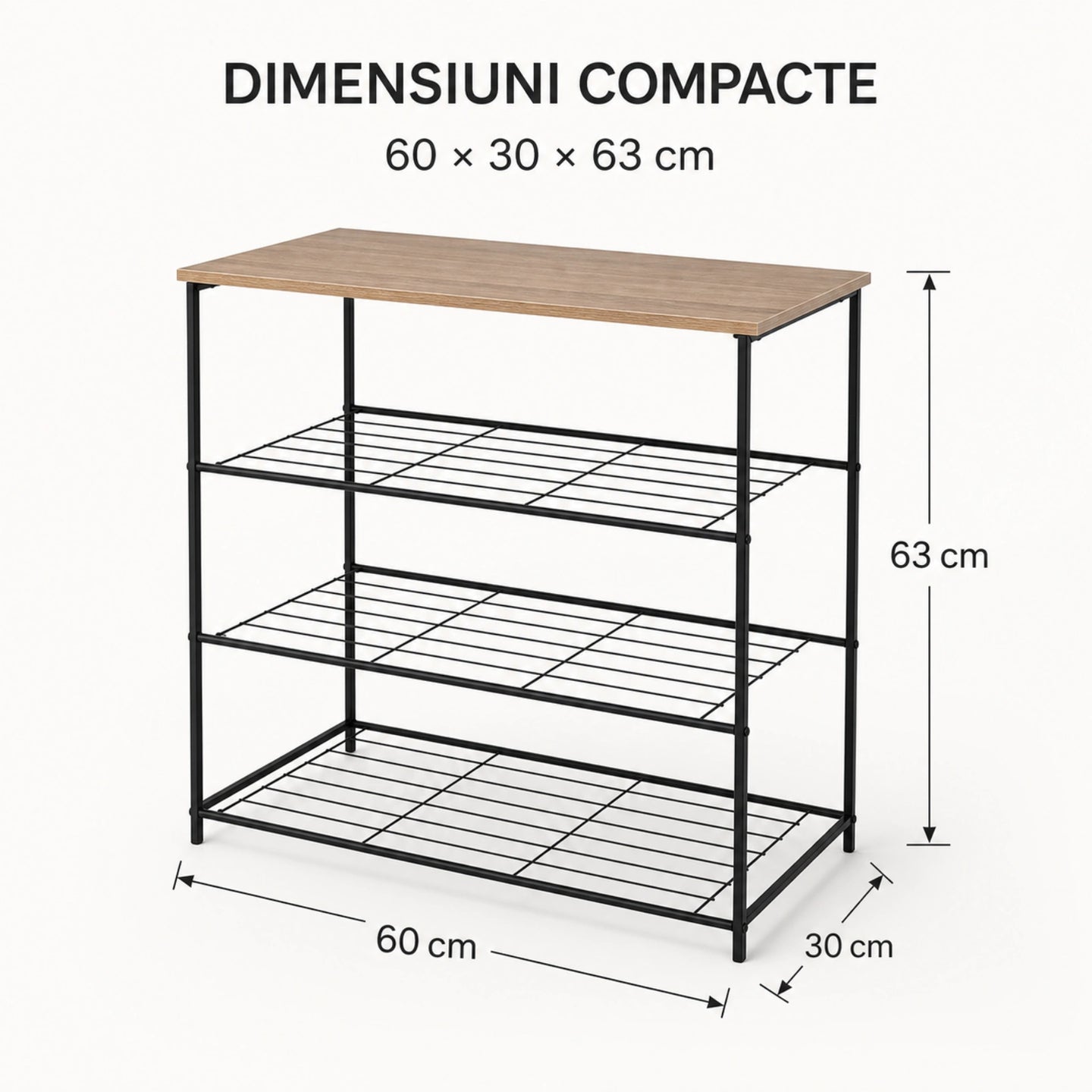 Pantofar HASEPE® Metalic cu Raft din Lemn, 3 Rafturi pentru Incaltaminte, 60x30x63 cm, Pantofar pentru Hol si Intrare