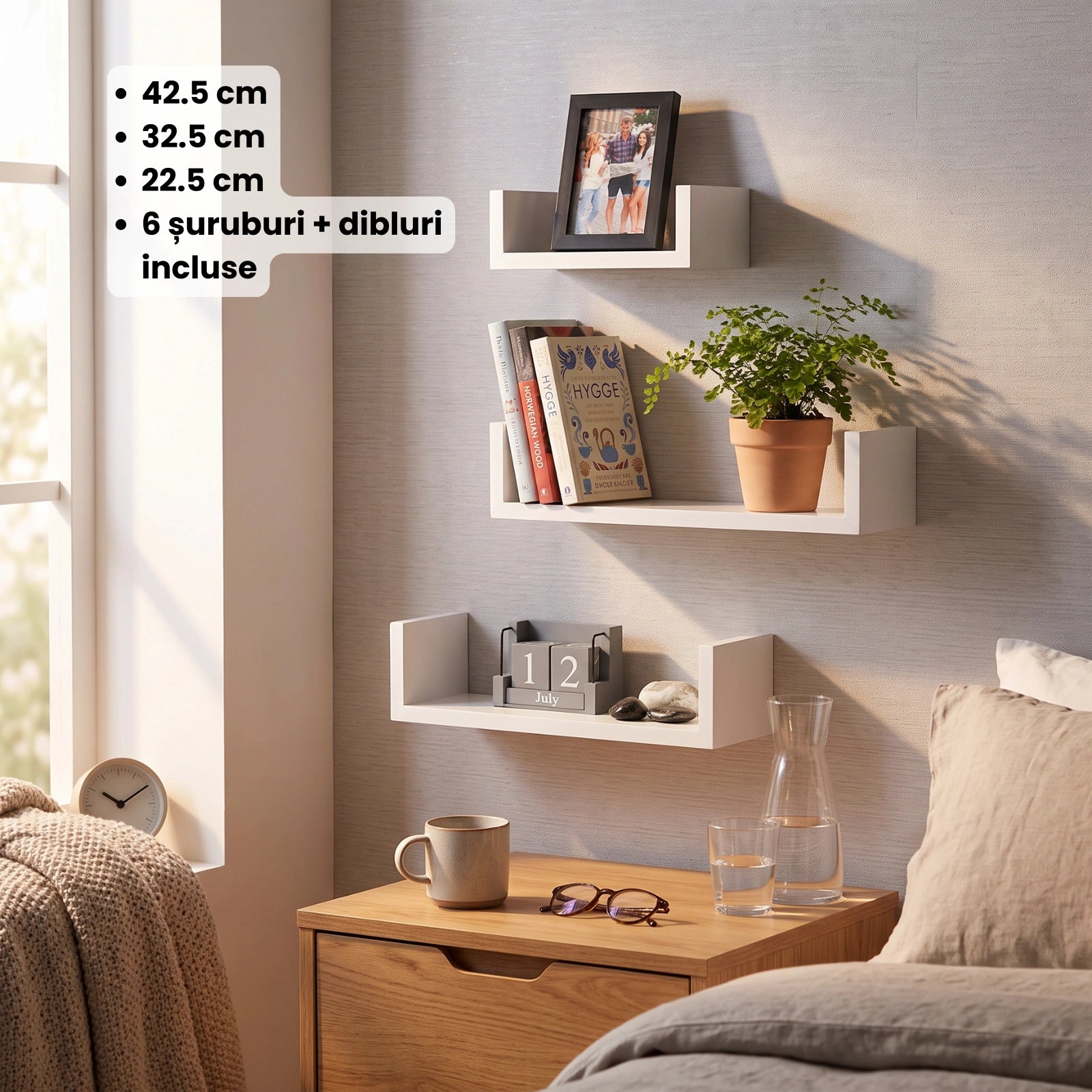 Set 3 Rafturi De Perete HASEPE®, Set 3 Rafturi Suspendate Albe, Rafturi Decorative Cu Suporturi Ascunse