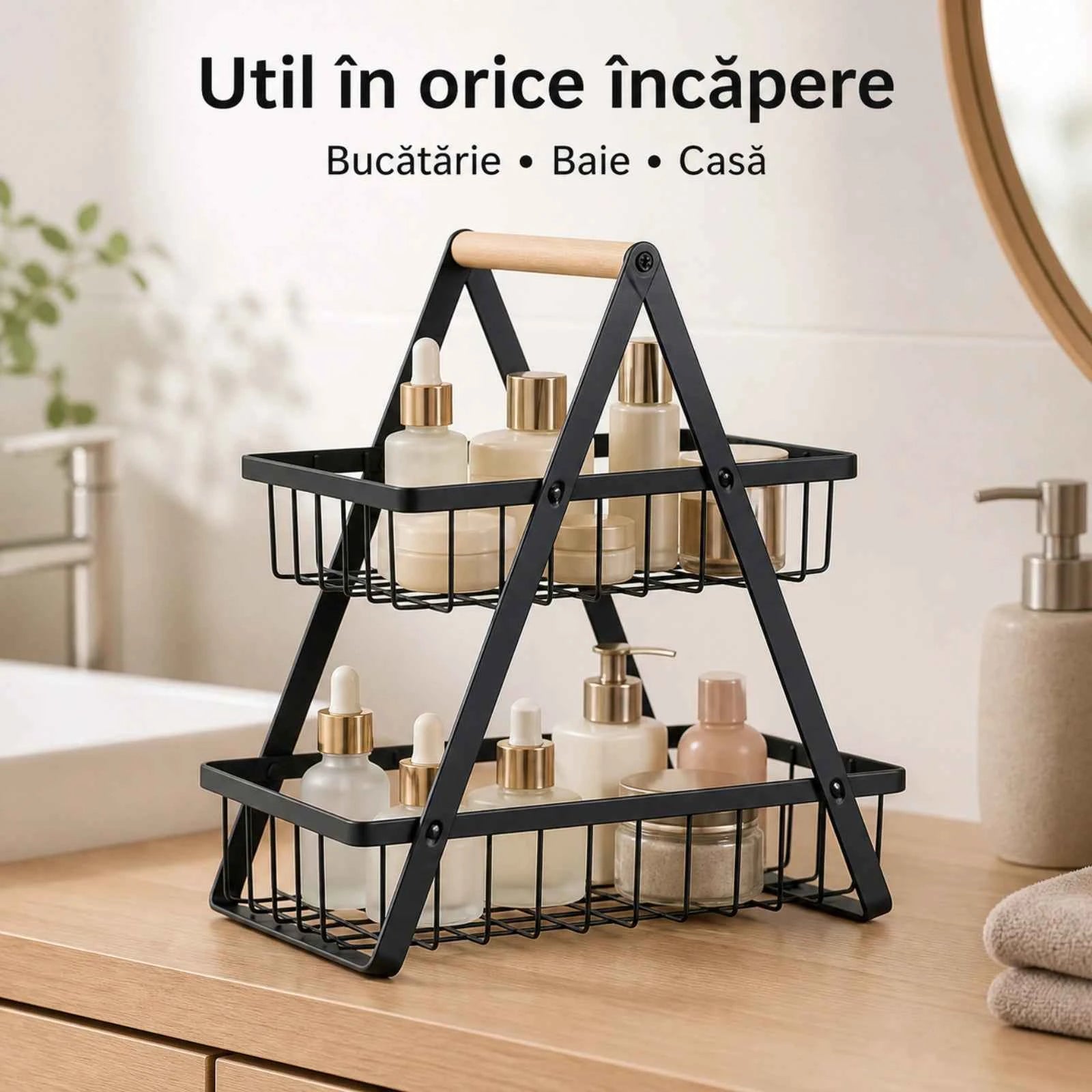 Raft Bucatarie HASEPE® Cu 2 Nivele, Etajera Depozitare Metalica Neagra Cu Maner Din Lemn, 22x14x26cm