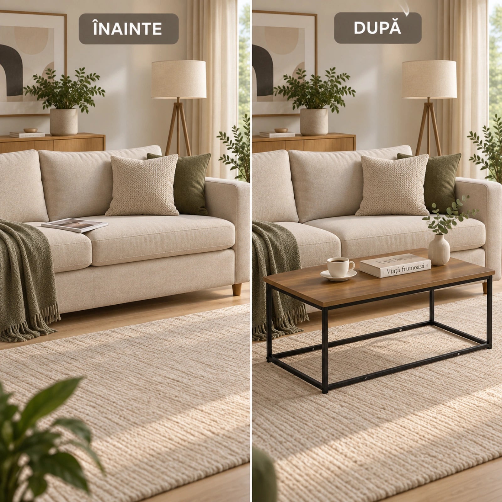 Masa HASEPE® Dreptunghiulara 90x48x40 cm, Blat MDF Culoare Naturala Si Cadru Metalic Negru, Masuta Pentru Living Si Interior
