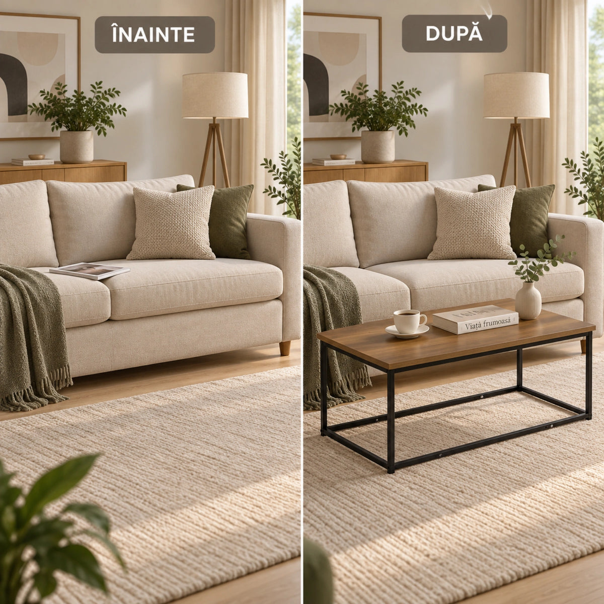 Masa HASEPE® Dreptunghiulara 90x48x40 cm, Blat MDF Culoare Naturala Si Cadru Metalic Negru, Masuta Pentru Living Si Interior