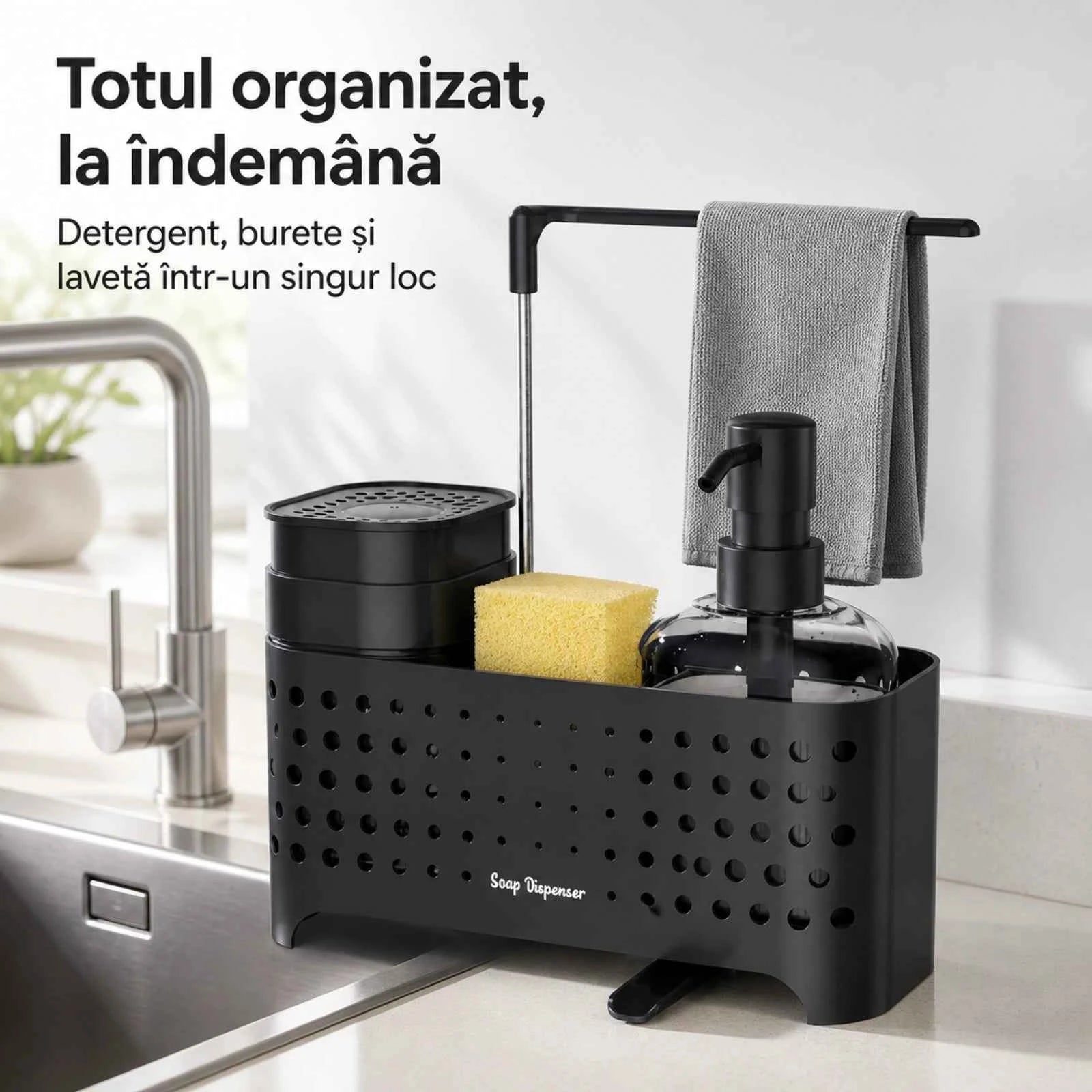 Dozator Sapun HASEPE® pentru Organizare Chiuveta, Dispenser Sapun pentru Detergent si Bureti, 23x10x24,5 cm