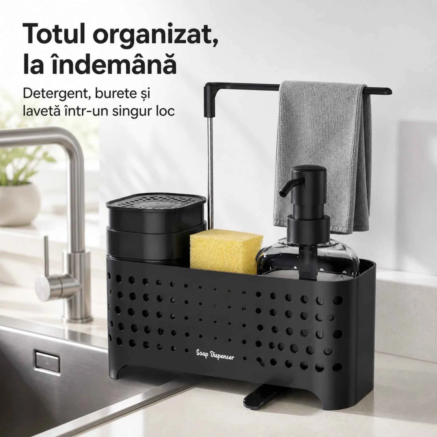 Dozator Sapun HASEPE® pentru Organizare Chiuveta, Dispenser Sapun pentru Detergent si Bureti, 23x10x24,5 cm