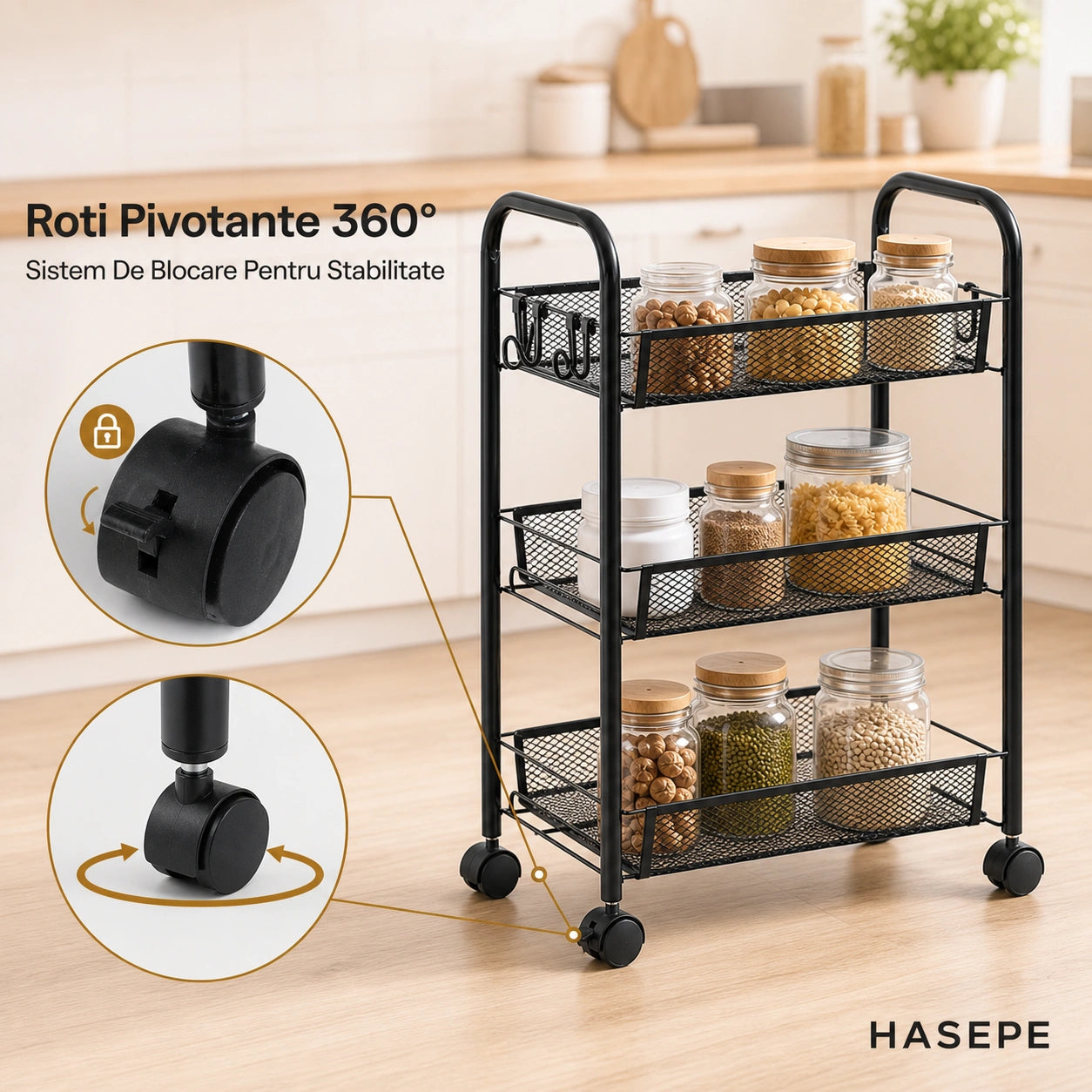 Etajera Metalica HASEPE® Cu 3 Rafturi, Raft Depozitare Mobil Pe Roti Cu Blocare
