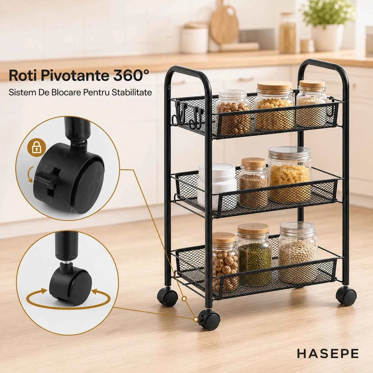 Etajera Metalica HASEPE® Cu 3 Rafturi, Raft Depozitare Mobil Pe Roti Cu Blocare
