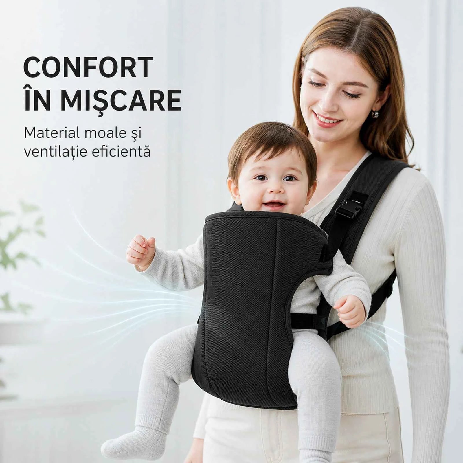 Marsupiu Bebe HASEPE® Ergonomic, Marsupiu Ergonomic Cu Sezut Antiderapant Intarit, Marsupiu Ergonomic 5+ Luni, Max 9 Kg, Negru