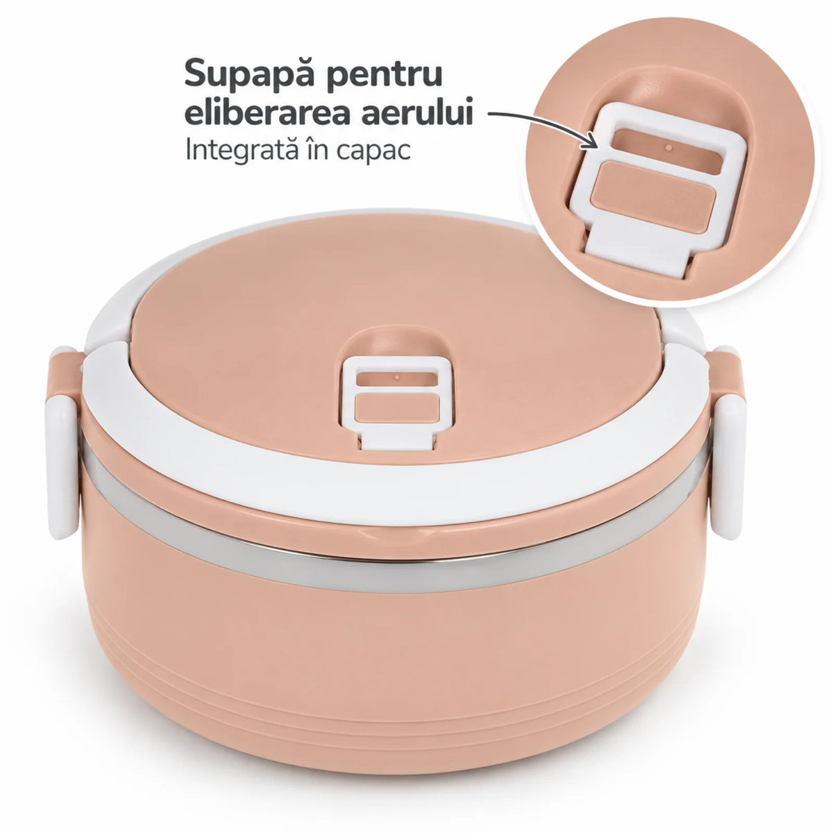 Caserola Termica HASEPE® Rotunda, 500 ml, Roz, Interior din Otel Inoxidabil