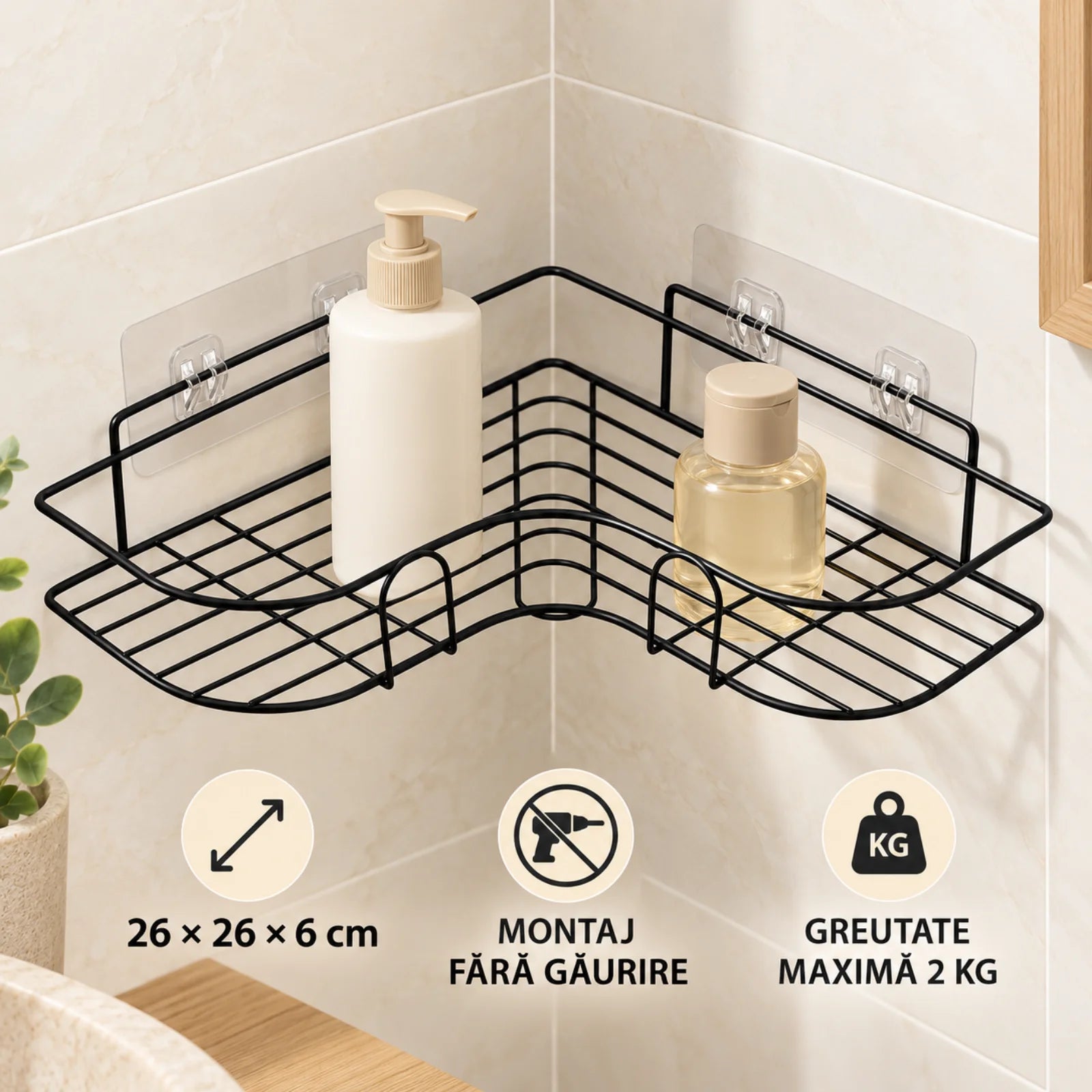 Raft de Dus HASEPE® Pentru Baie Din Metal Negru, Raft Colt Autoadeziv Fara Gaurire 26x26x6cm