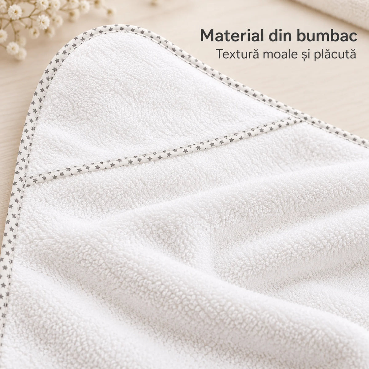 Prosop cu Gluga HASEPE®, din Bumbac, Alb cu Stele Gri, 75x75 cm