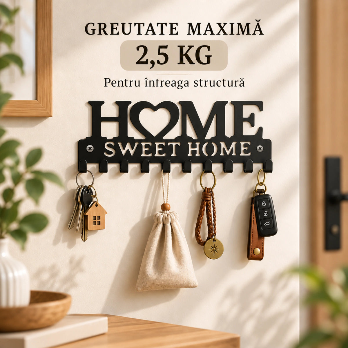 Cuier de perete HASEPE® metalic negru, 10 carlige, model Home Sweet Home, cuier perete pentru chei, 26x9,2x1,7 cm