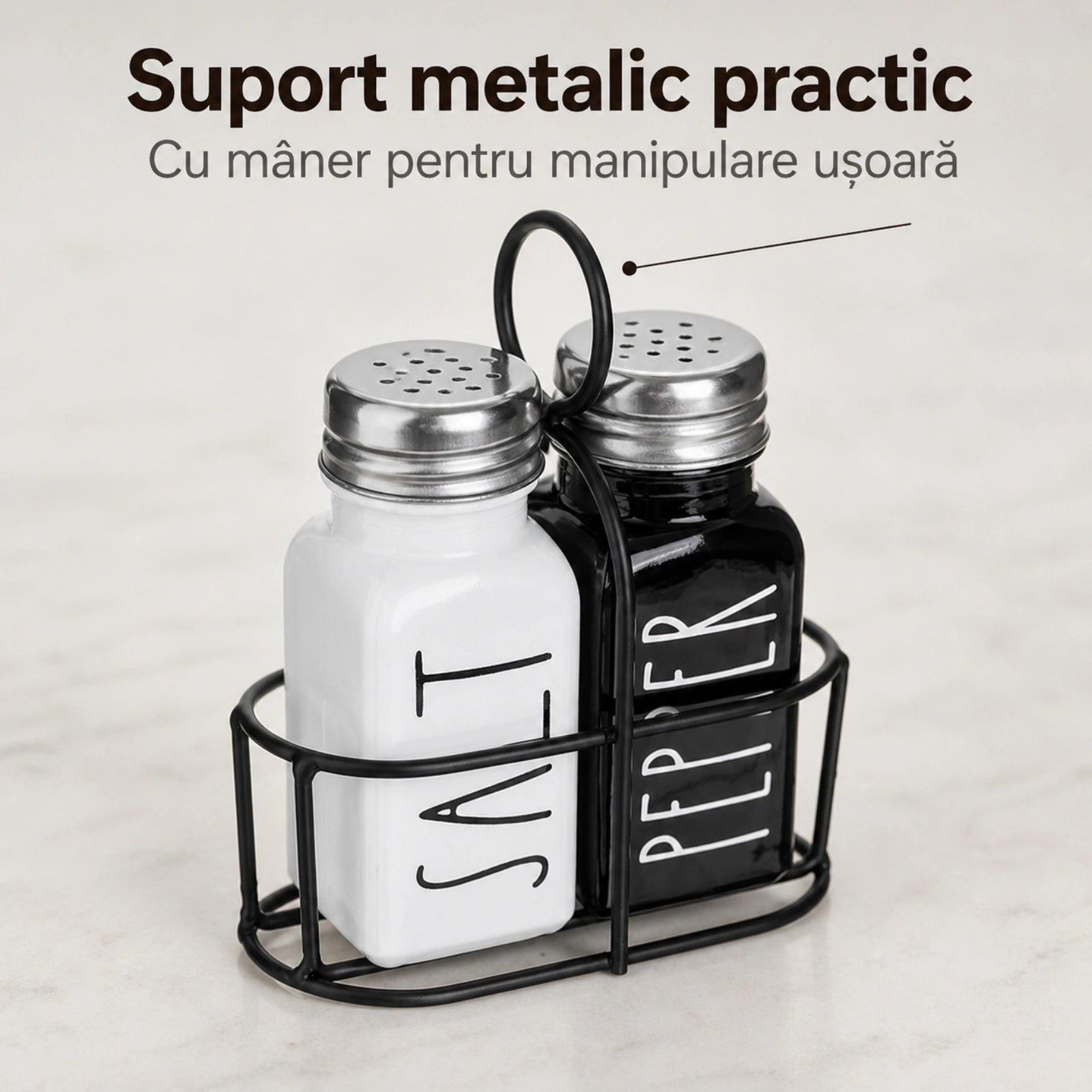 Set Solnita Sare Piper HASEPE® Din Sticla Cu Baza Metalica, Dozator Condimente Elegant 85ml