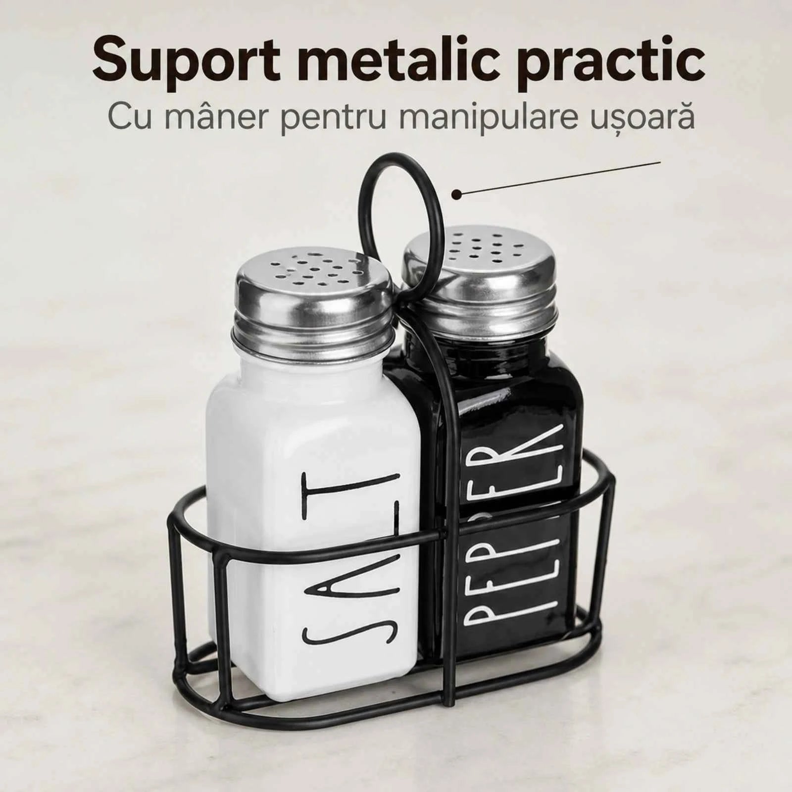 Set Solnita Sare Piper HASEPE® Din Sticla Cu Baza Metalica, Dozator Condimente Elegant 85ml