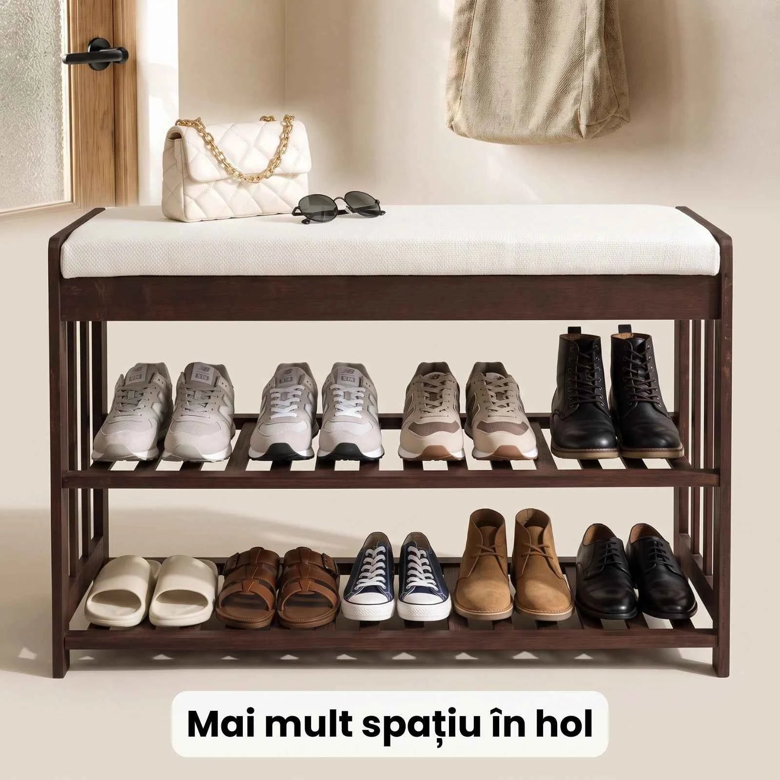 Pantofar HASEPE® Dulap Pantofi Cu Bancheta Din Lemn, Organizator Pantofi Cu 3 Nivele Mari