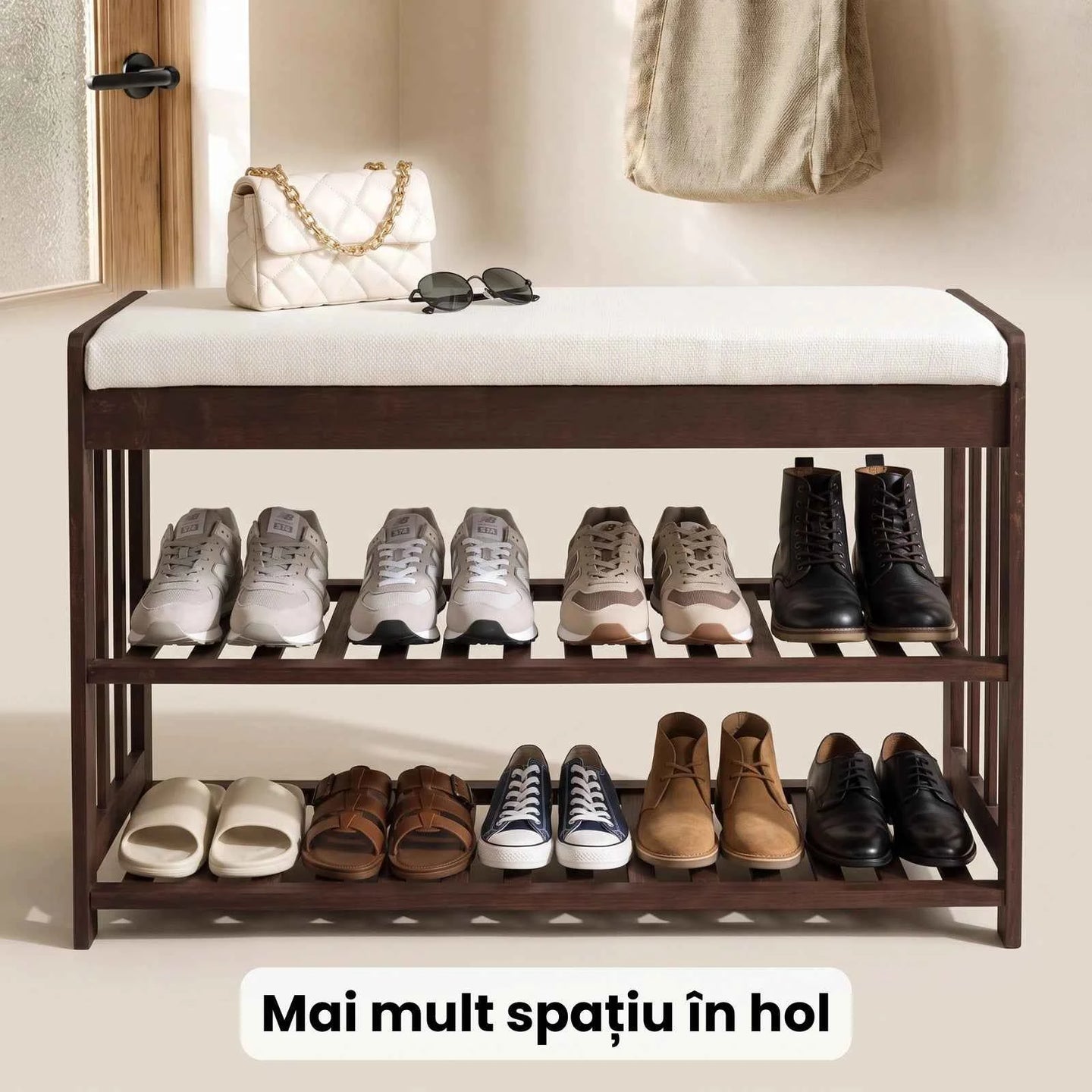 Pantofar HASEPE® Dulap Pantofi Cu Bancheta Din Lemn, Organizator Pantofi Cu 3 Nivele Mari