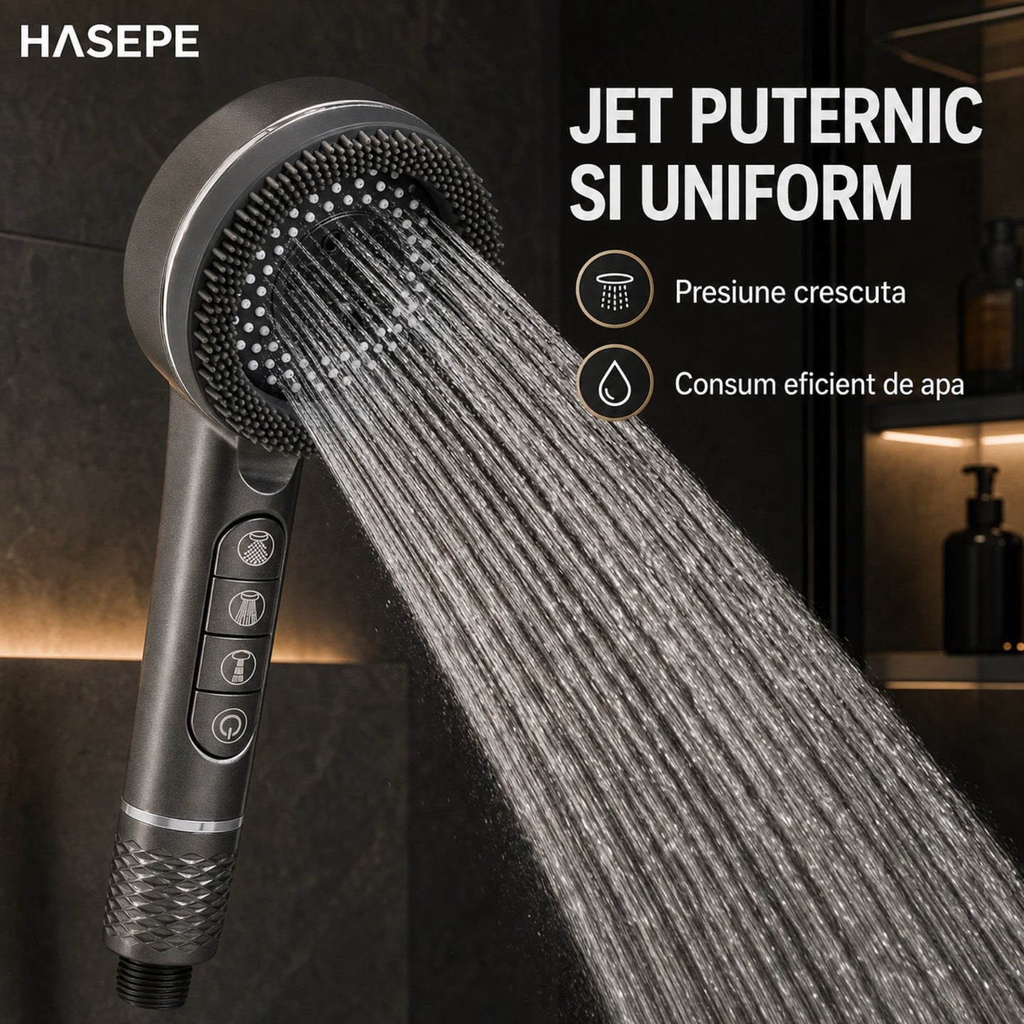 Para Dus HASEPE® Cu 5 Functii, Capat Dus Cu Jet Ploaie si Masaj, Economisire Apa, Montaj Universal 21 mm