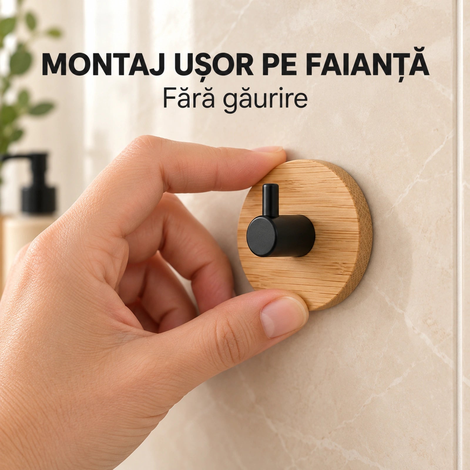 Carlige Autoadezive HASEPE® din Bambus, 2 Bucati, Ø4,8 cm, Carlige Baie Rotunde cu Suport Negru PP, Cuier Baie pentru Prosoape si Accesorii Mici de Baie