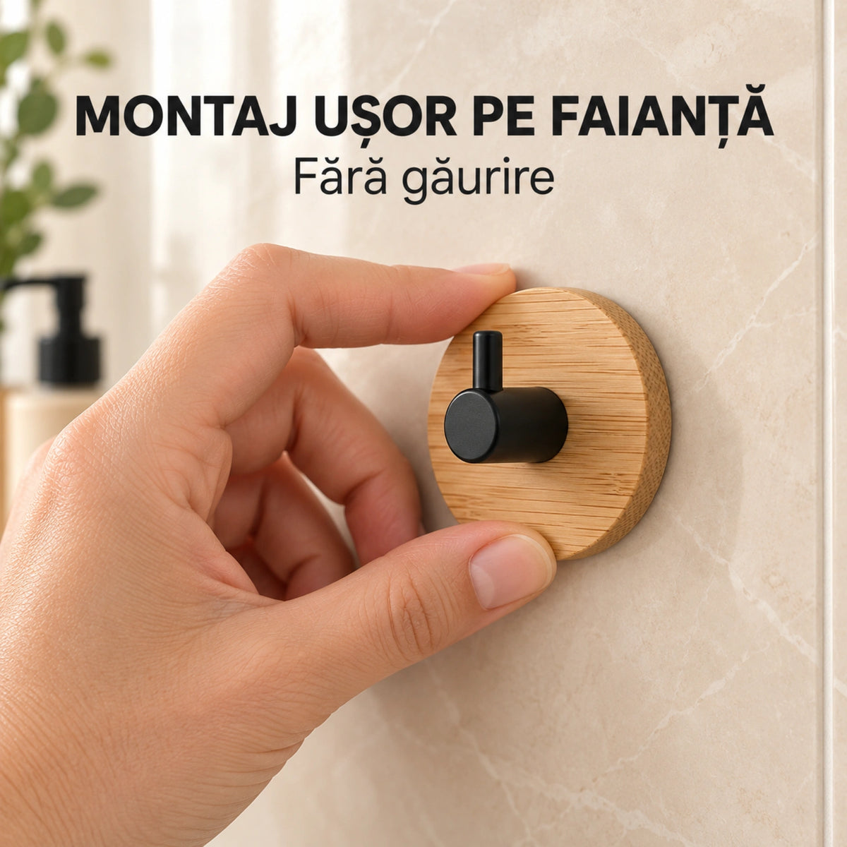 Carlige Autoadezive HASEPE® din Bambus, 2 Bucati, Ø4,8 cm, Carlige Baie Rotunde cu Suport Negru PP, Cuier Baie pentru Prosoape si Accesorii Mici de Baie