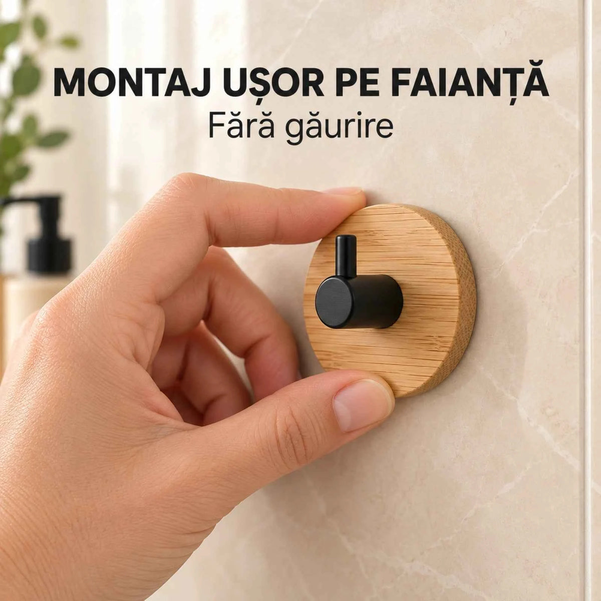 Carlige Autoadezive HASEPE® din Bambus, 2 Bucati, Ø4,8 cm, Carlige Baie Rotunde cu Suport Negru PP, Cuier Baie pentru Prosoape si Accesorii Mici de Baie