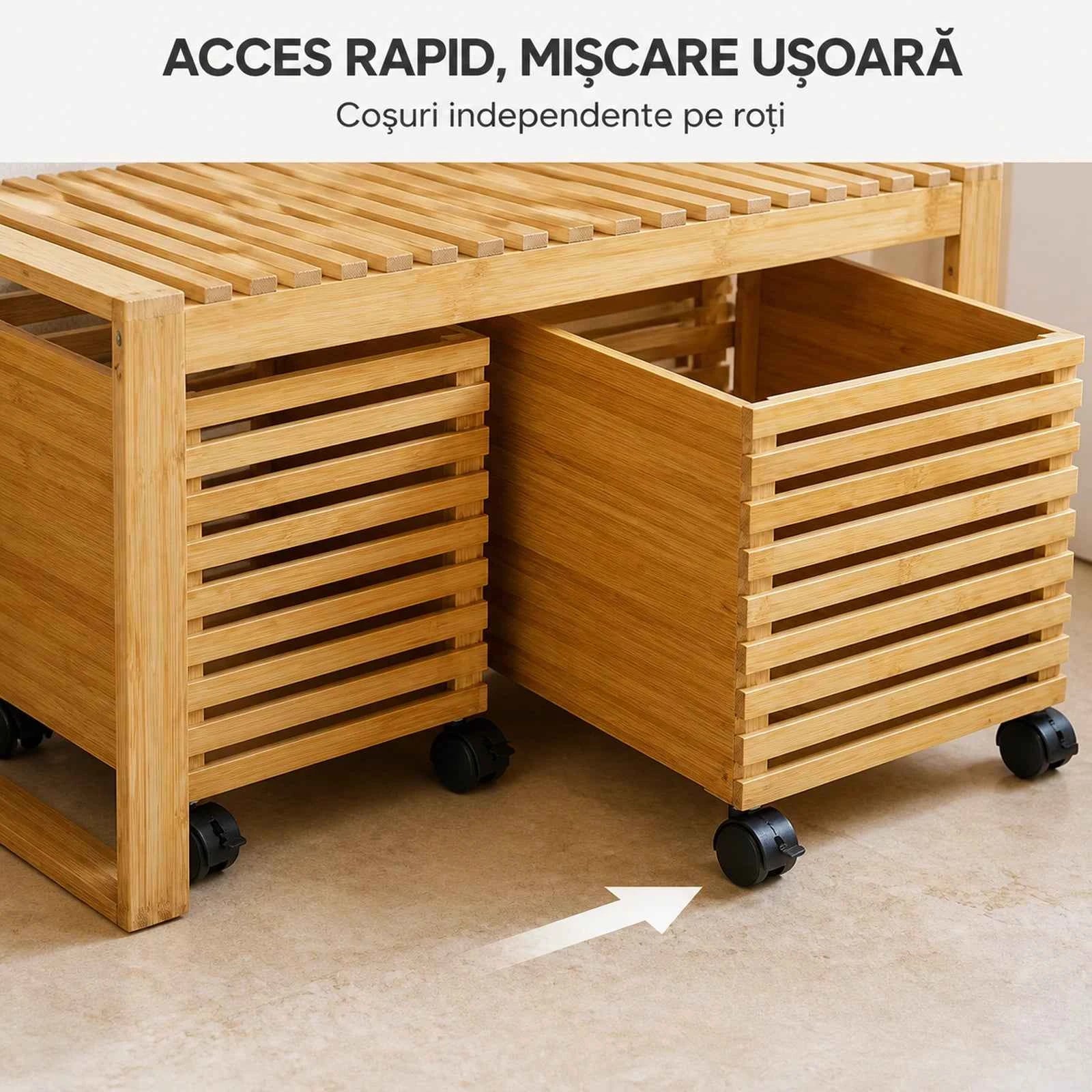 Cos de rufe HASEPE® din Bambus cu Taburet, cos depozitare cu 2 sertare pe roti, banca cu depozitare 38x38,5x75,6 cm