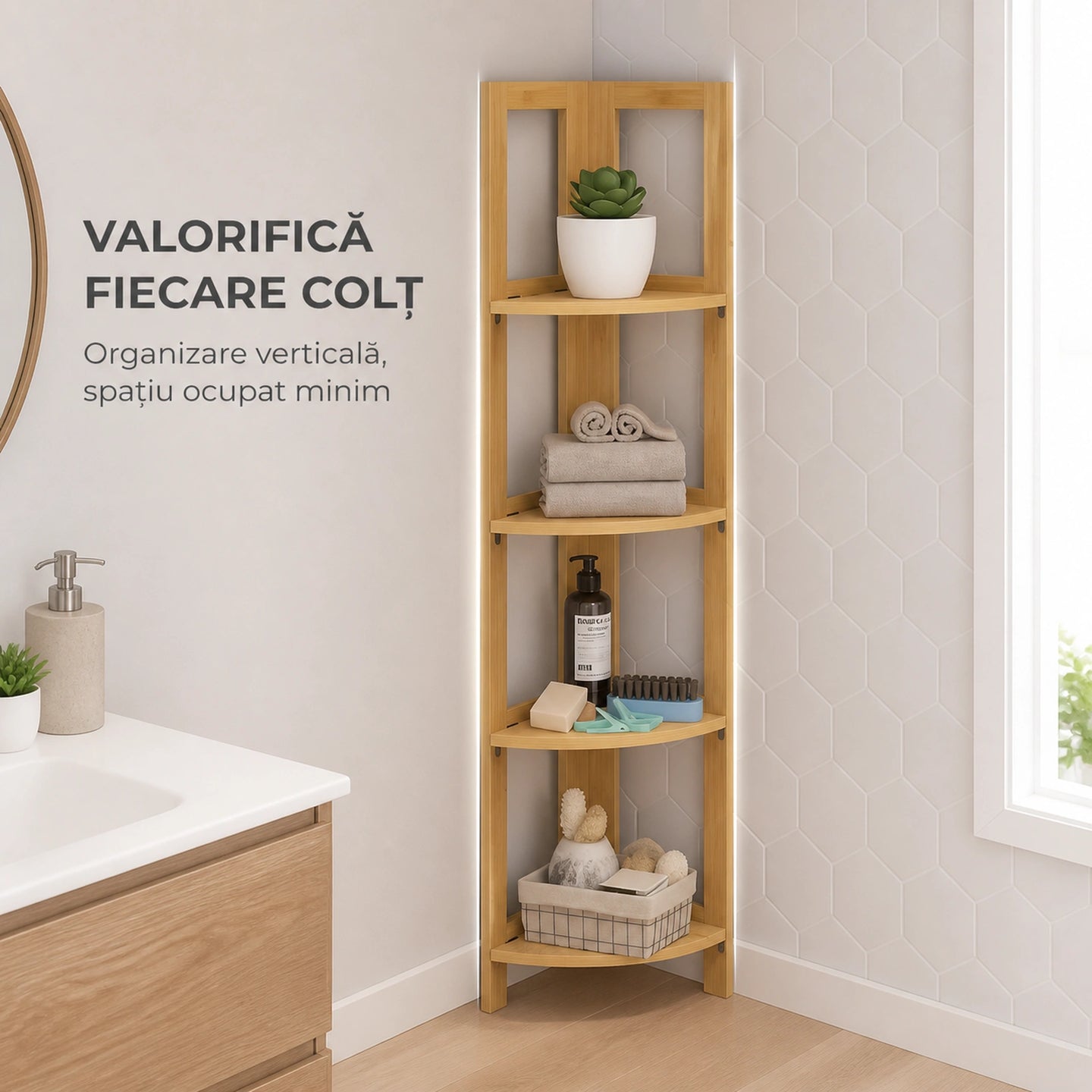 Raft de Colt HASEPE® din Bambus, 4 Polite, 39.5x27x120 cm, Raft Depozitare pentru Baie, Bucatarie si Casa