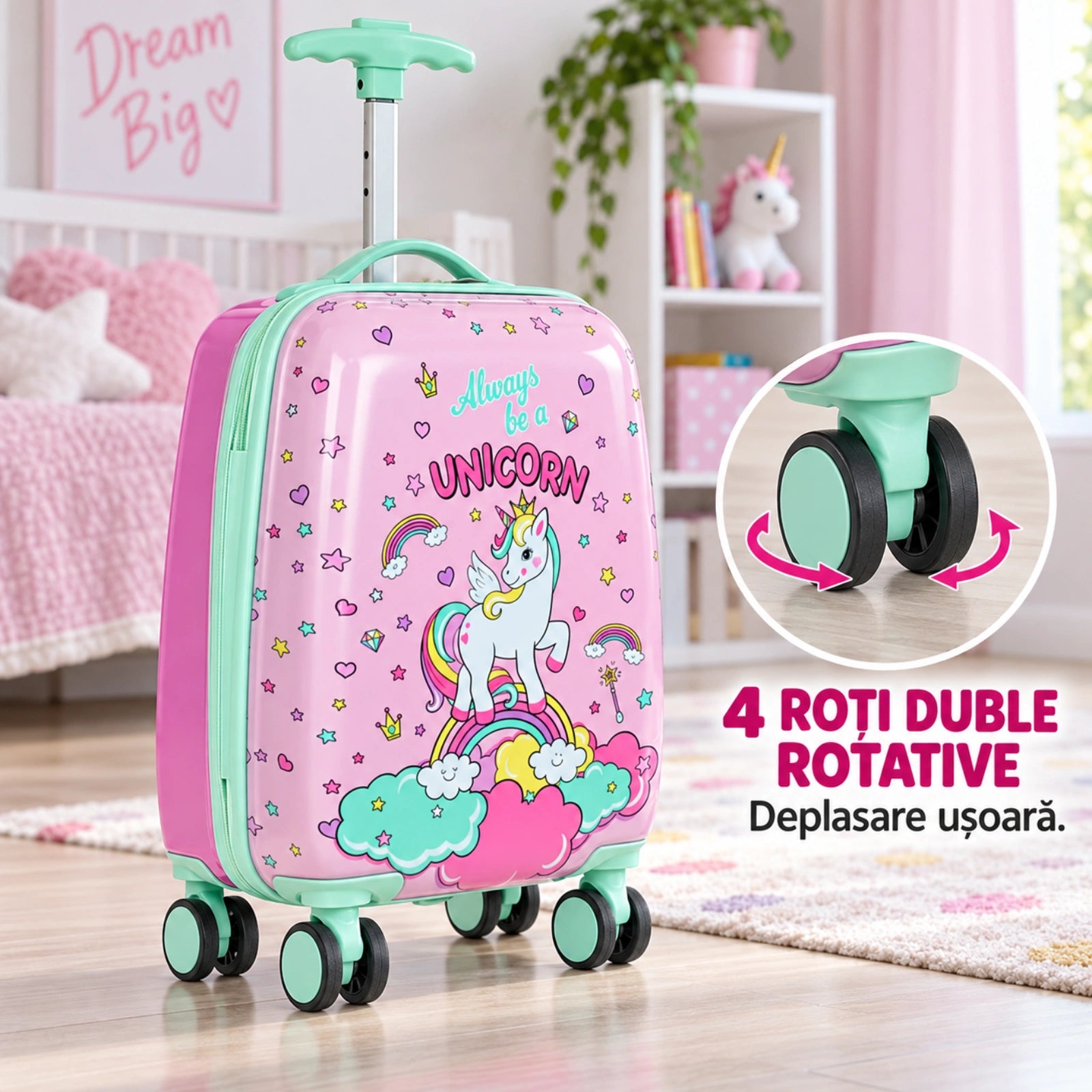Troler Copii HASEPE® Roz Verde cu Unicorn, Valiza Copii 22.8L din Copolimer ABS, 4 Roti Duble Rotative, Maner Telescopic pana la 85 cm