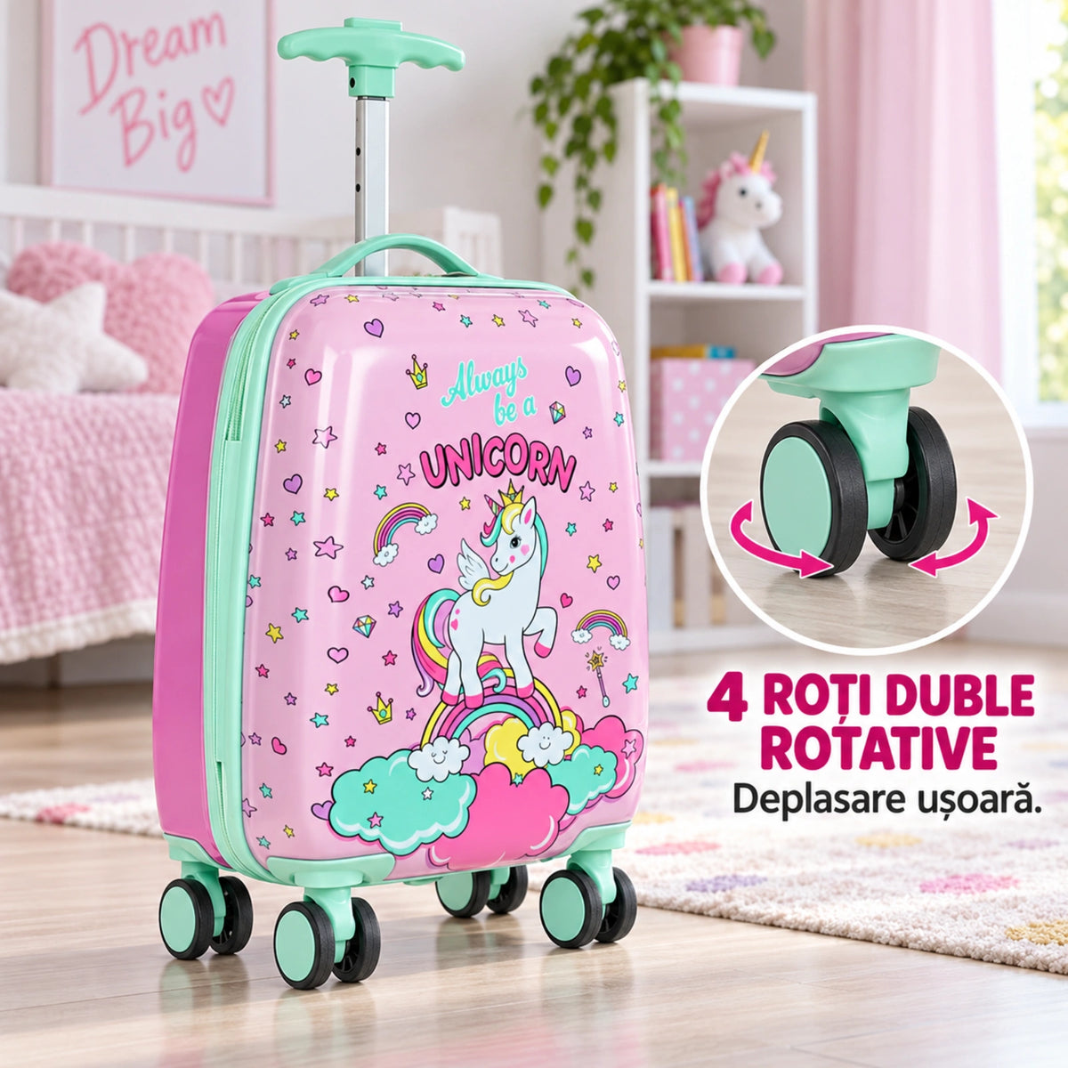 Troler Copii HASEPE® Roz Verde cu Unicorn, Valiza Copii 22.8L din Copolimer ABS, 4 Roti Duble Rotative, Maner Telescopic pana la 85 cm