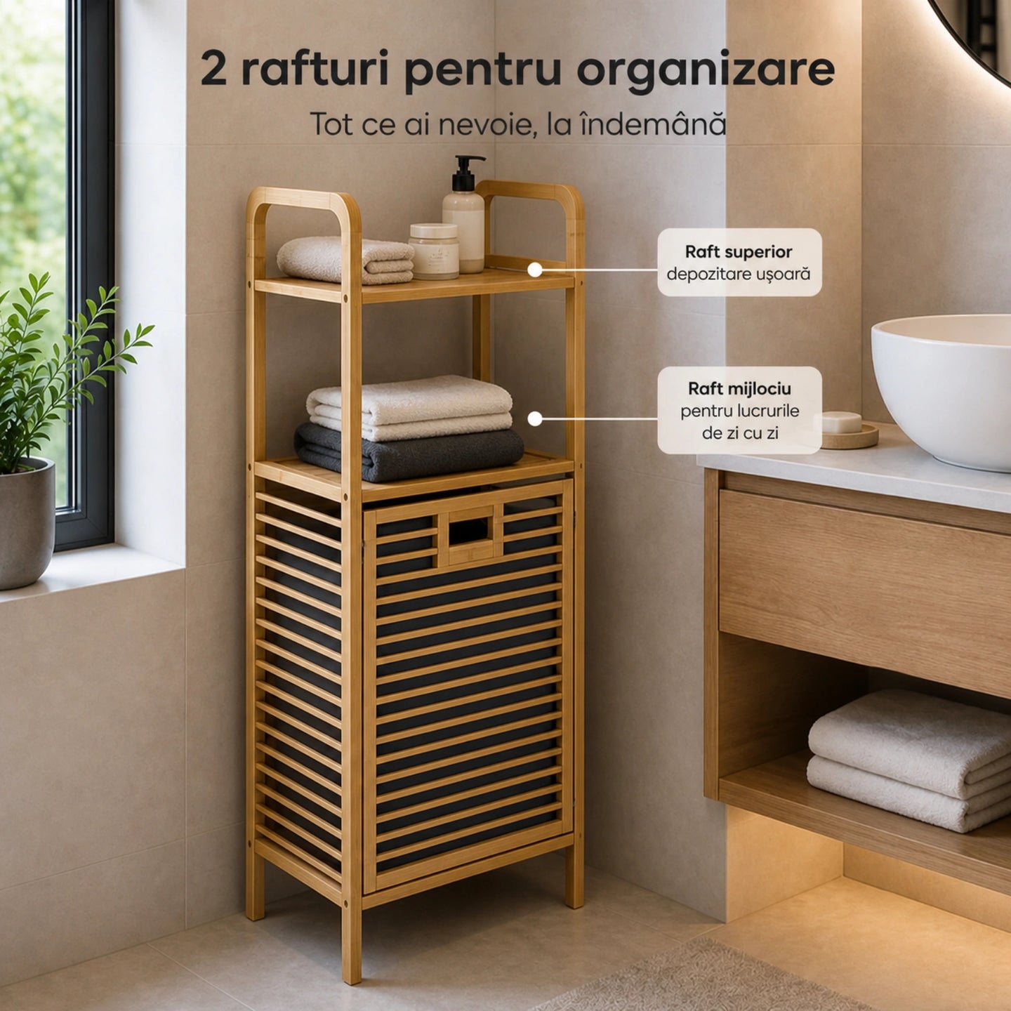 Cos Rufe HASEPE® Din Bambus Cu Rafturi, Cos Rufe Cu Sac Textil Detasabil, 40x30x95cm