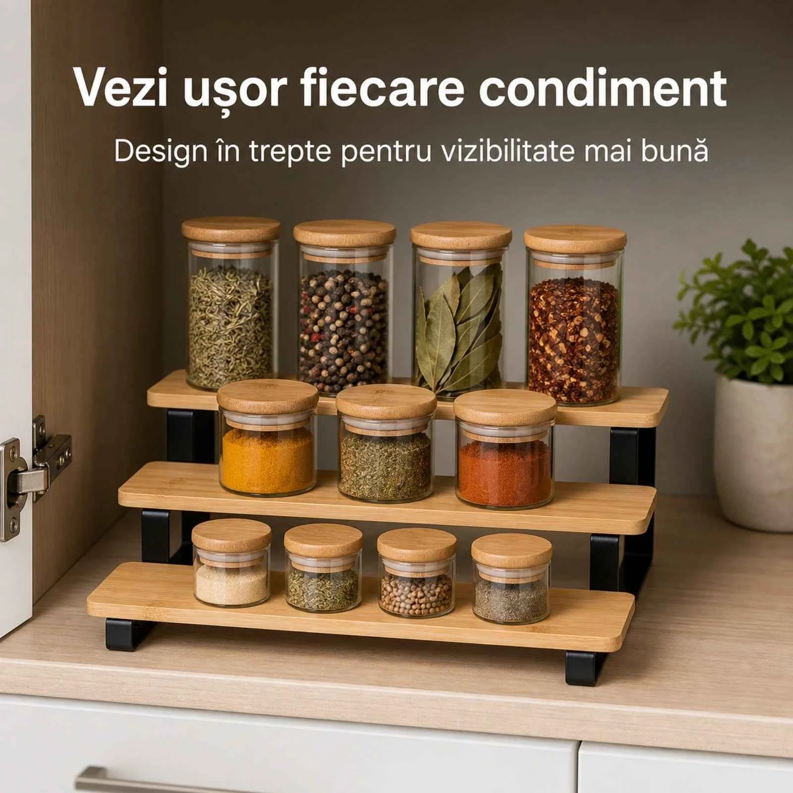 Suport condimente HASEPE® din bambus si metal, organizator condimente cu 3 niveluri pentru bucatarie, suport condimente 32x23x9,8 cm