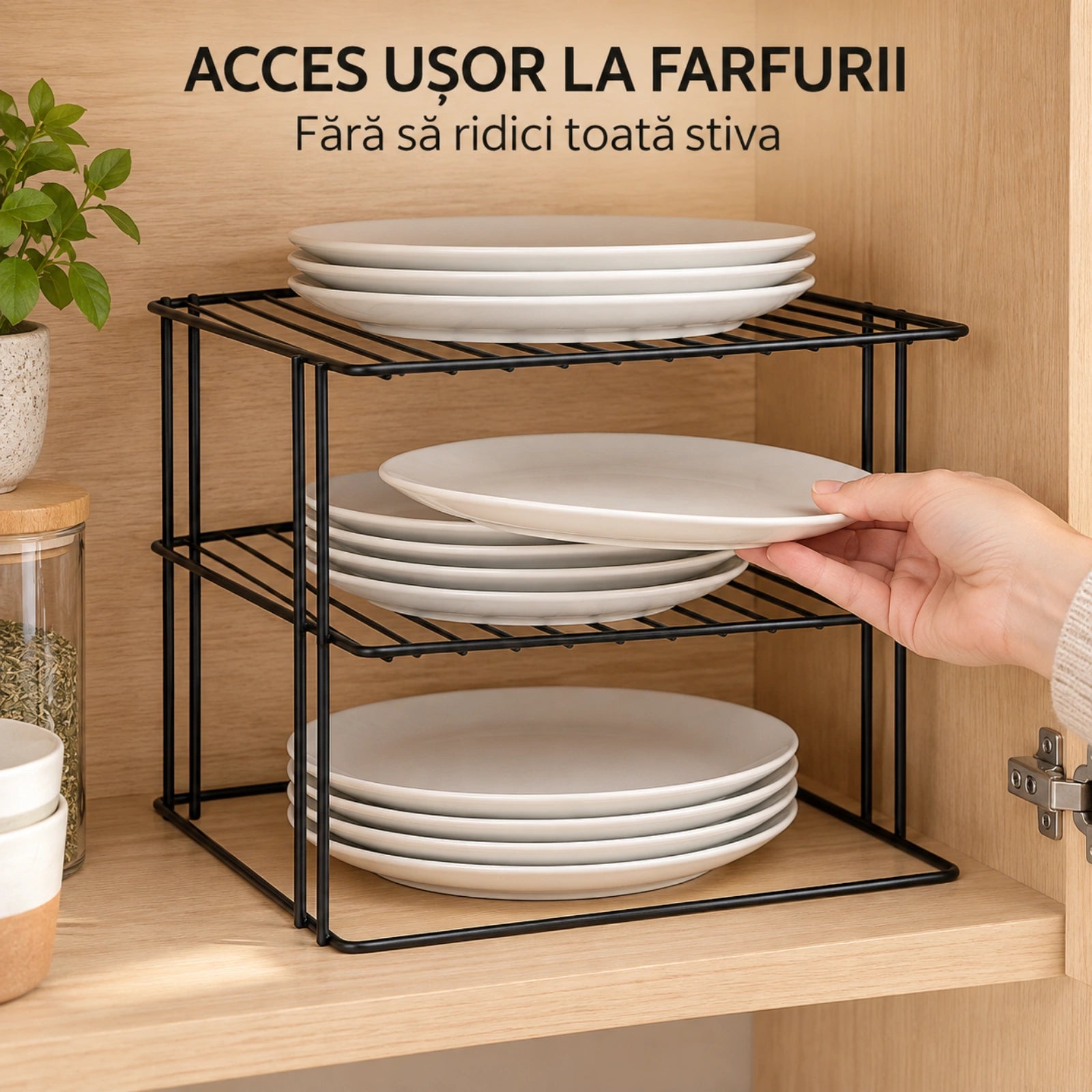 Organizator bucatarie HASEPE® raft de colt cu 3 nivele, metal negru, 23x23x21 cm, raft organizator pentru farfurii si dulap