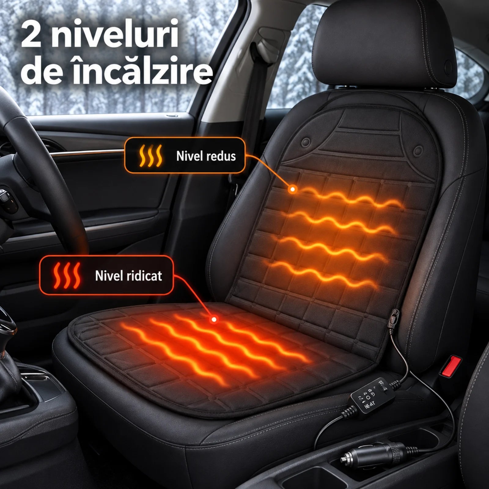Husa Scaun Auto cu Incalzire HASEPE® 12V, Alimentare la Bricheta Auto, 47x96 cm, Negru