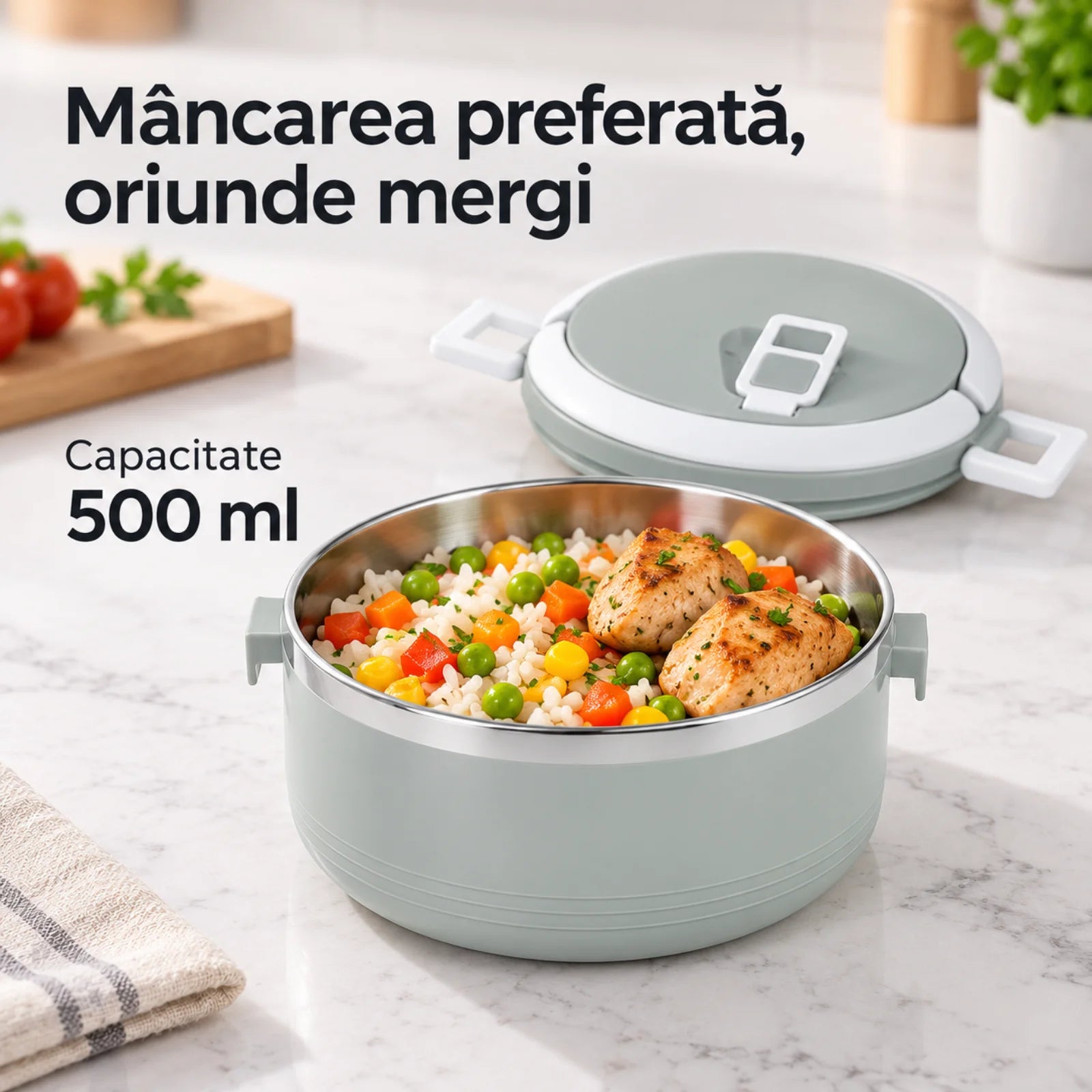 Caserola Termica HASEPE® Rotunda, 500 ml, Gri, Interior din Otel Inoxidabil