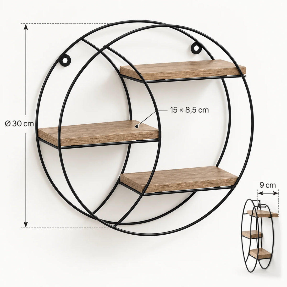 Raft Decorativ HASEPE® Rotund, cu 3 Niveluri din MDF si Cadru Metalic, Raft de Perete Ø30x9 cm