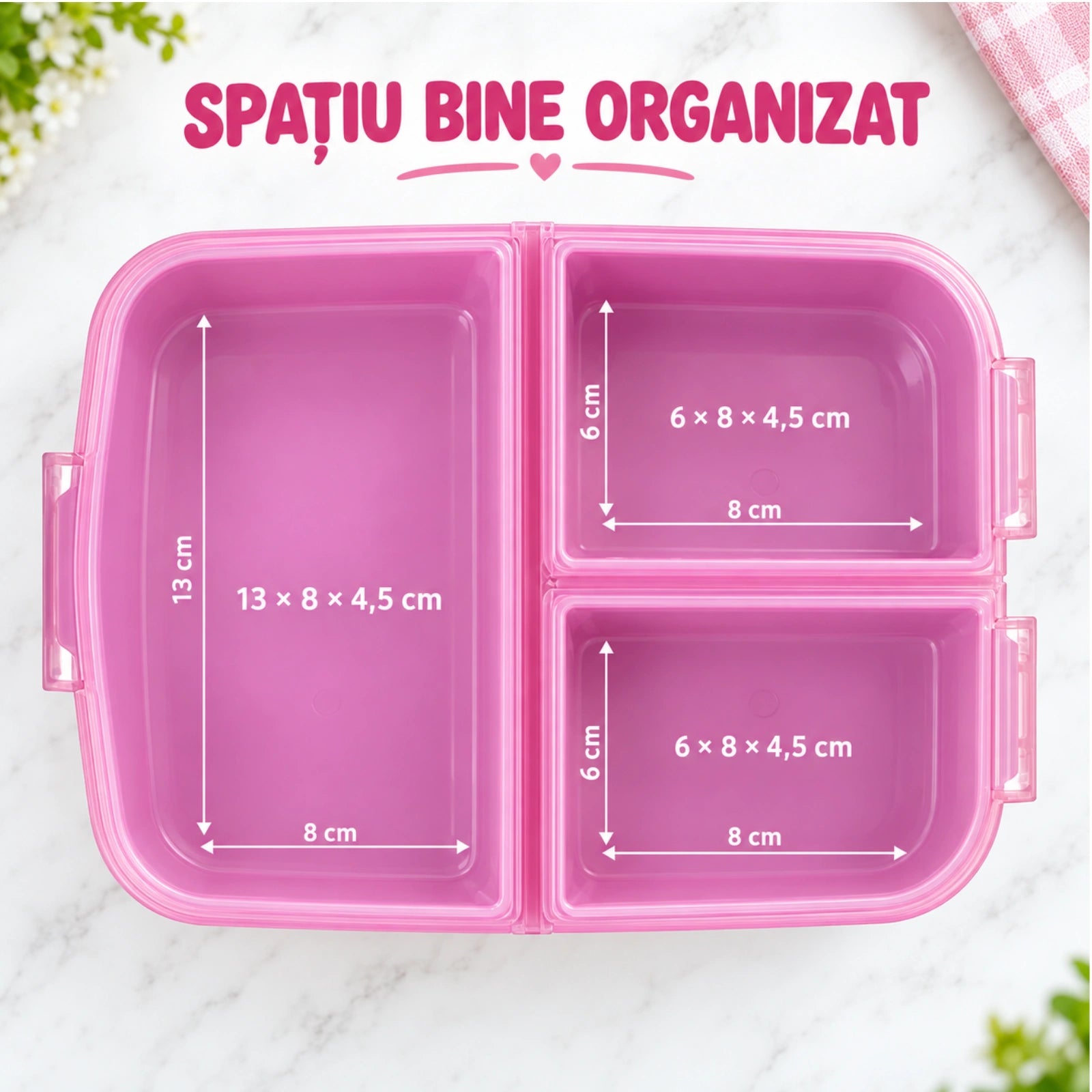 Cutie alimentara HASEPE®, 790 ml, 3 compartimente, caserola copii roz, cutie alimentara pentru scoala si after school