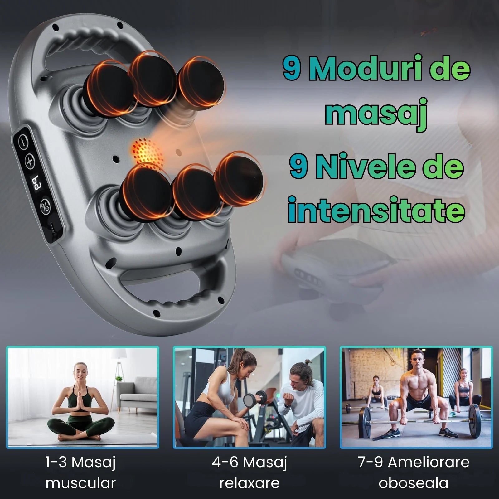 Pistol de masaj HASEPE, 6 capete, 9 moduri si 9 niveluri intensitate, 3200mAh, incalzire cu lumina rosie, relaxare muschi profunzi, ultra-silentios, potrivit pentru spate, picioare, brate, gri inchis