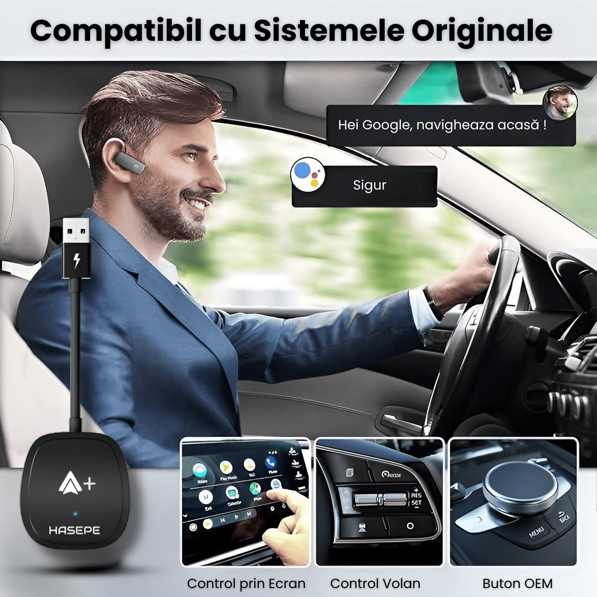 Modulator Android Auto Wireless HASEPE, USB/USB - C, Reconectare Automata, Streaming Netflix, YouTube, TikTok, Navigatie, Muzica, Apeluri, Negru - HASEPE