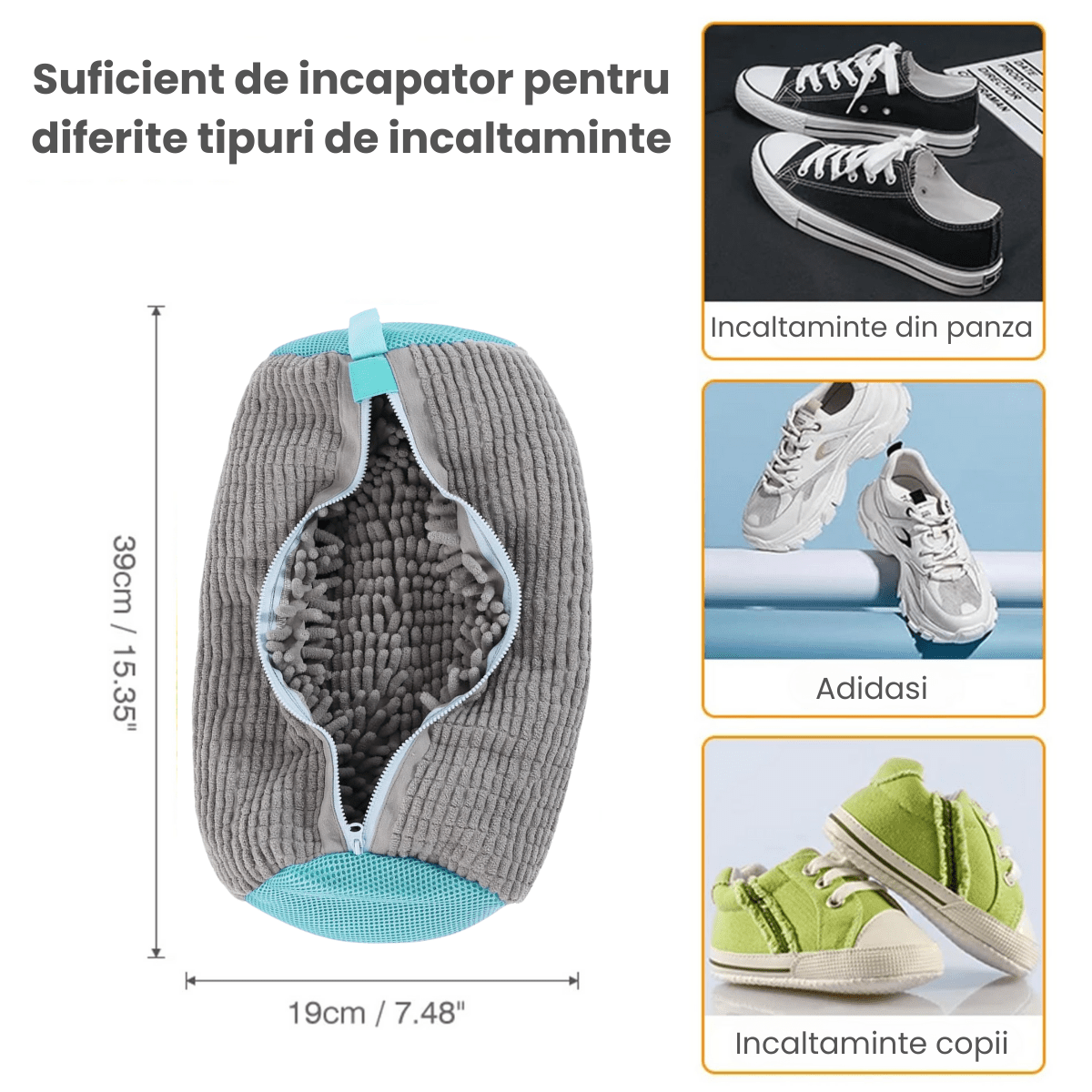 Sac Spalat Incaltaminte HASEPE pentru Masina de Spalat, Protectie Pantofi, Fibra Moale, Material Rezistent, Fermoar Premium, 39x19 cm, Gri - HASEPE