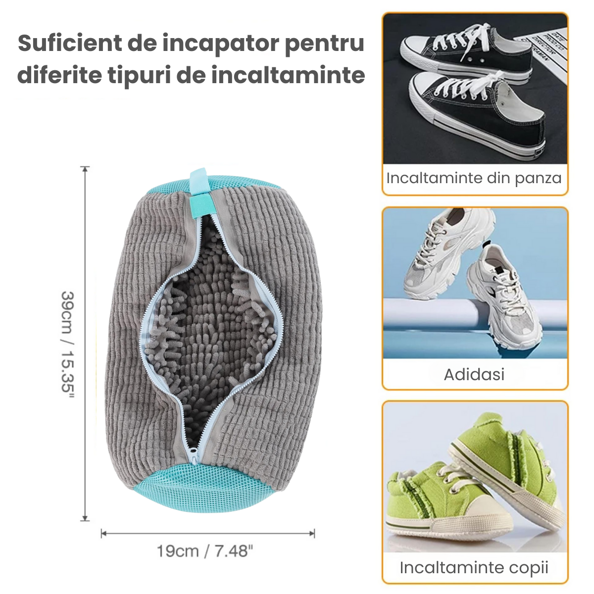 Sac Spalat Incaltaminte HASEPE pentru Masina de Spalat, Protectie Pantofi, Fibra Moale, Material Rezistent, Fermoar Premium, 39x19 cm, Gri