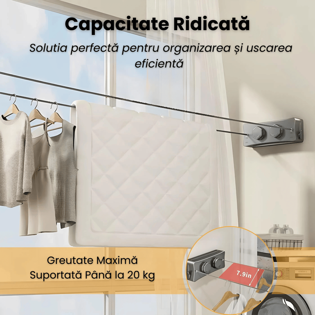 Uscator rufe retractabil HASEPE, montaj pe perete, sarme otel inoxidabil 5,1 m, capacitate 20 kg, rezistent interior exterior, compact pliabil, Gri - HASEPE